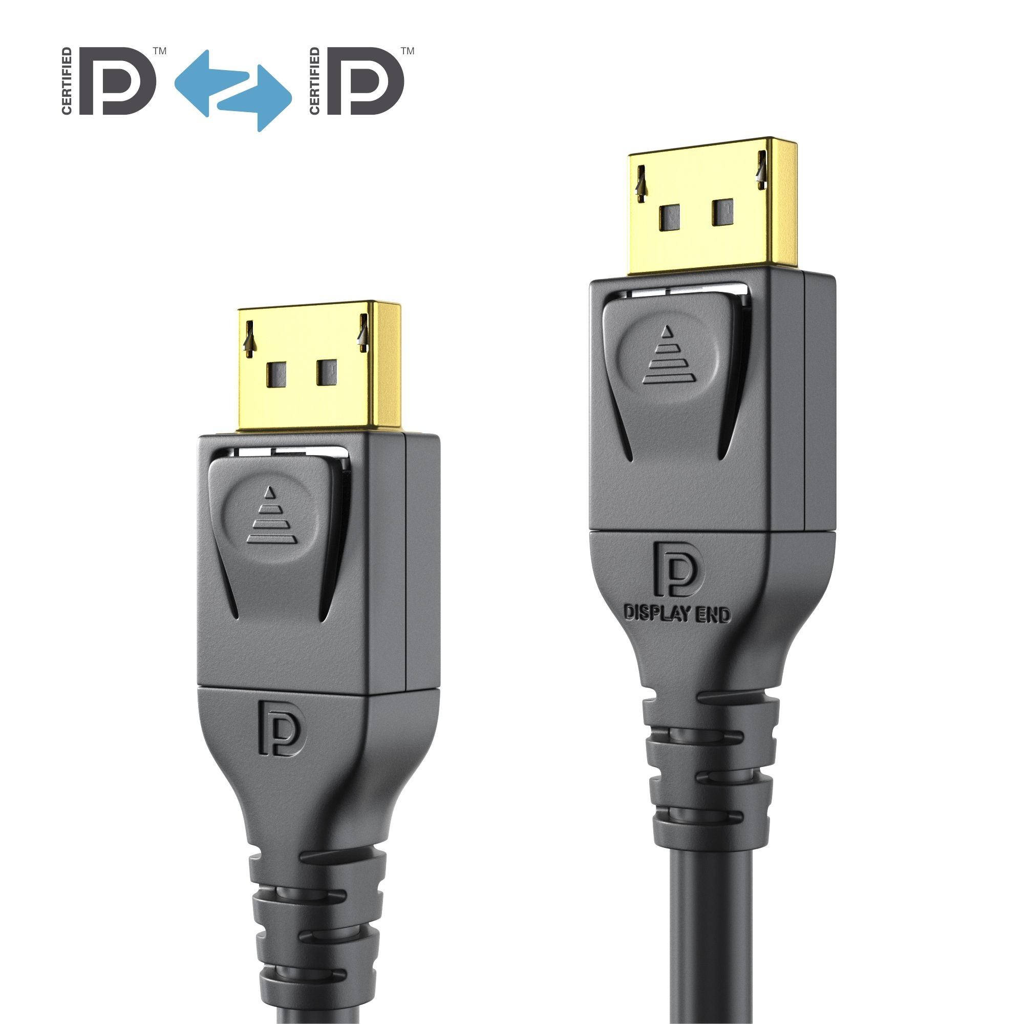 Deux câbles DisplayPort. Les connecteurs sont noirs et dorés. Logo certifié Display End en haut.