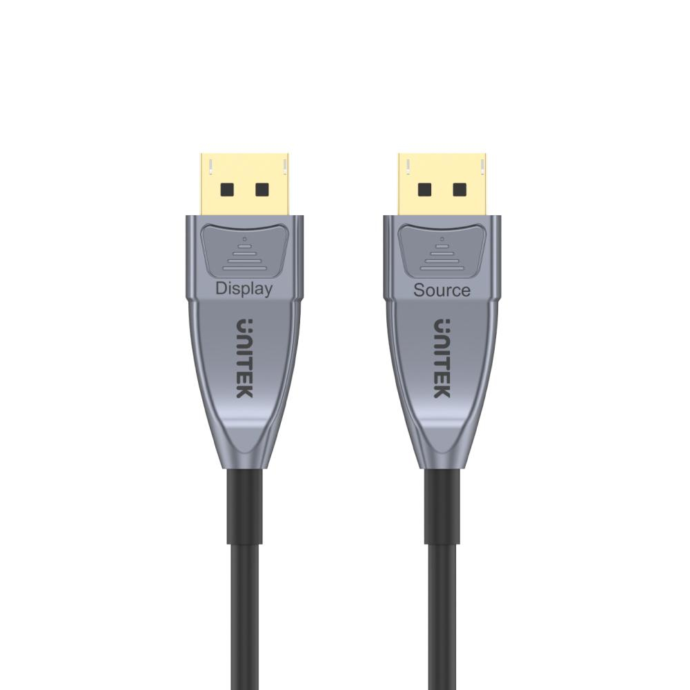 Deux câbles DisplayPort avec connecteurs dorés, étiquettes UNITEK, câbles noirs et fond blanc.