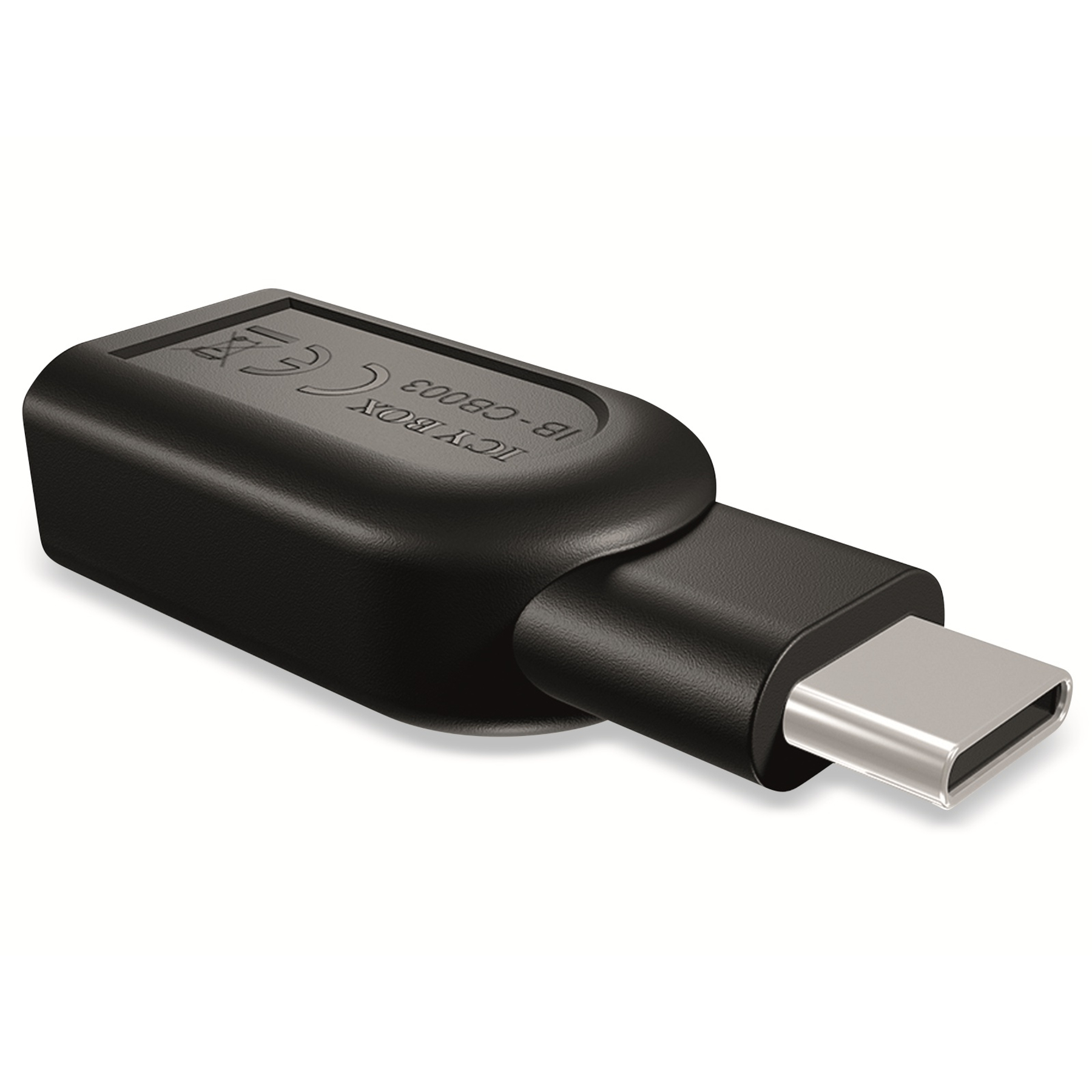 Ein schwarzer USB-C-Adapter auf weißem Grund mit dem ICY BOX-Logo.
