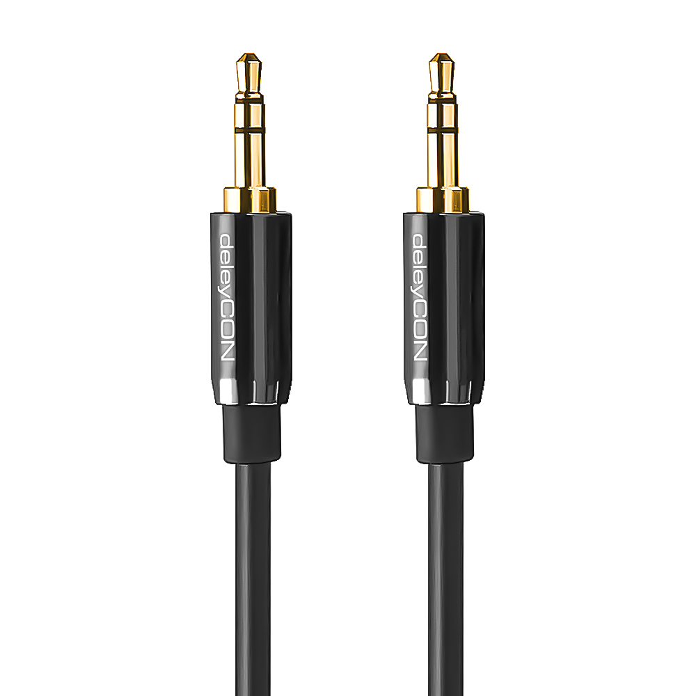 Zwei schwarze Audiokabel mit goldfarbenen Steckern.