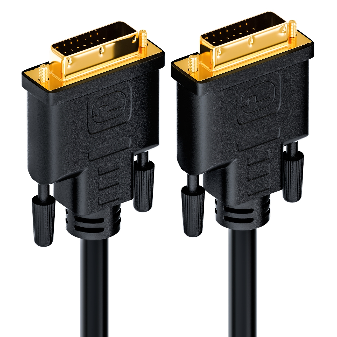 Zwei schwarze DVI-Kabel mit goldfarbenen Steckern, Nahaufnahme.