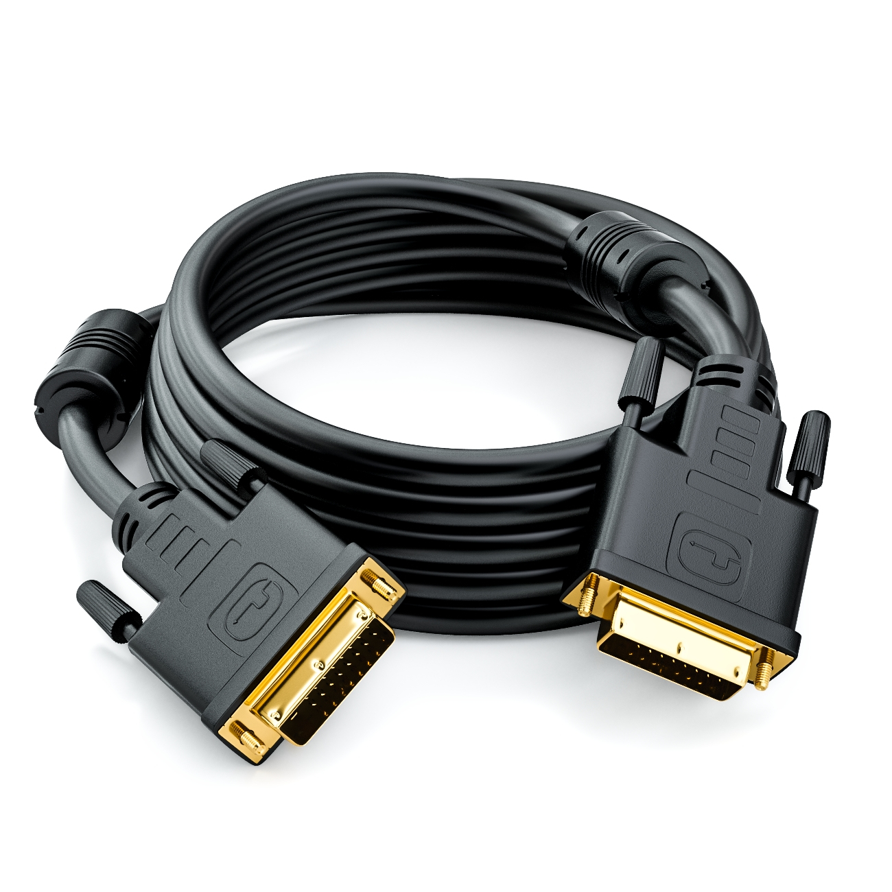 Ein aufgerolltes schwarzes Kabel mit zwei DVI-Anschlüssen. Goldkontakte sind an den Anschlüssen sichtbar.