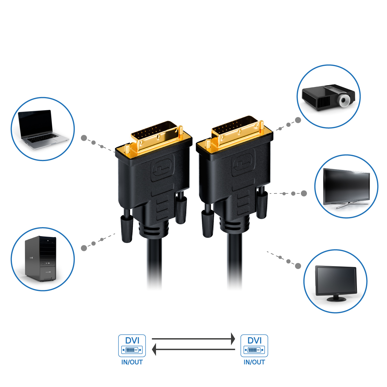 Zwei DVI-Anschlüsse, die mit Geräten wie Laptop, Desktop, Monitor und Projektor verbunden sind.