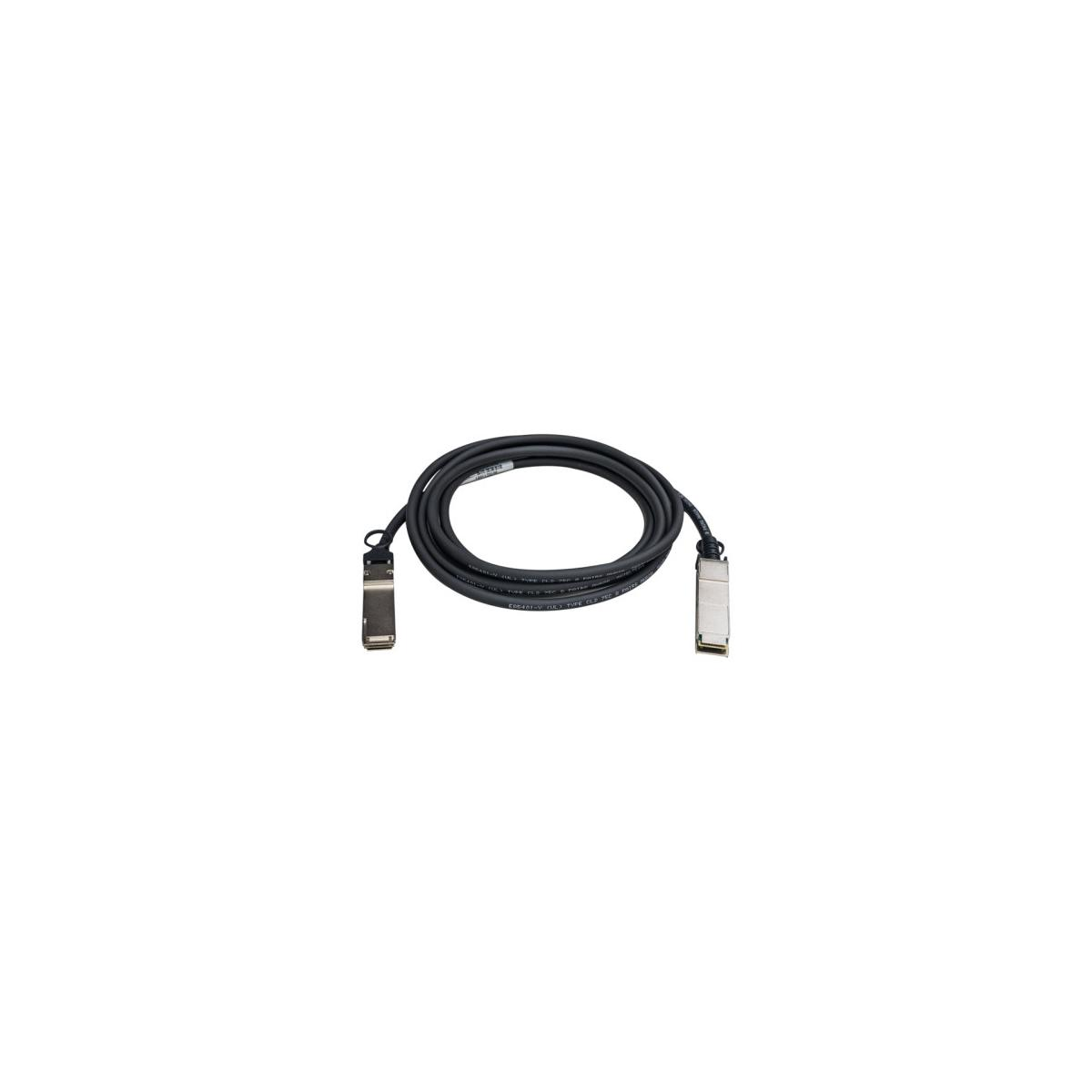 Cable negro con conectores plateados. Fondo blanco.