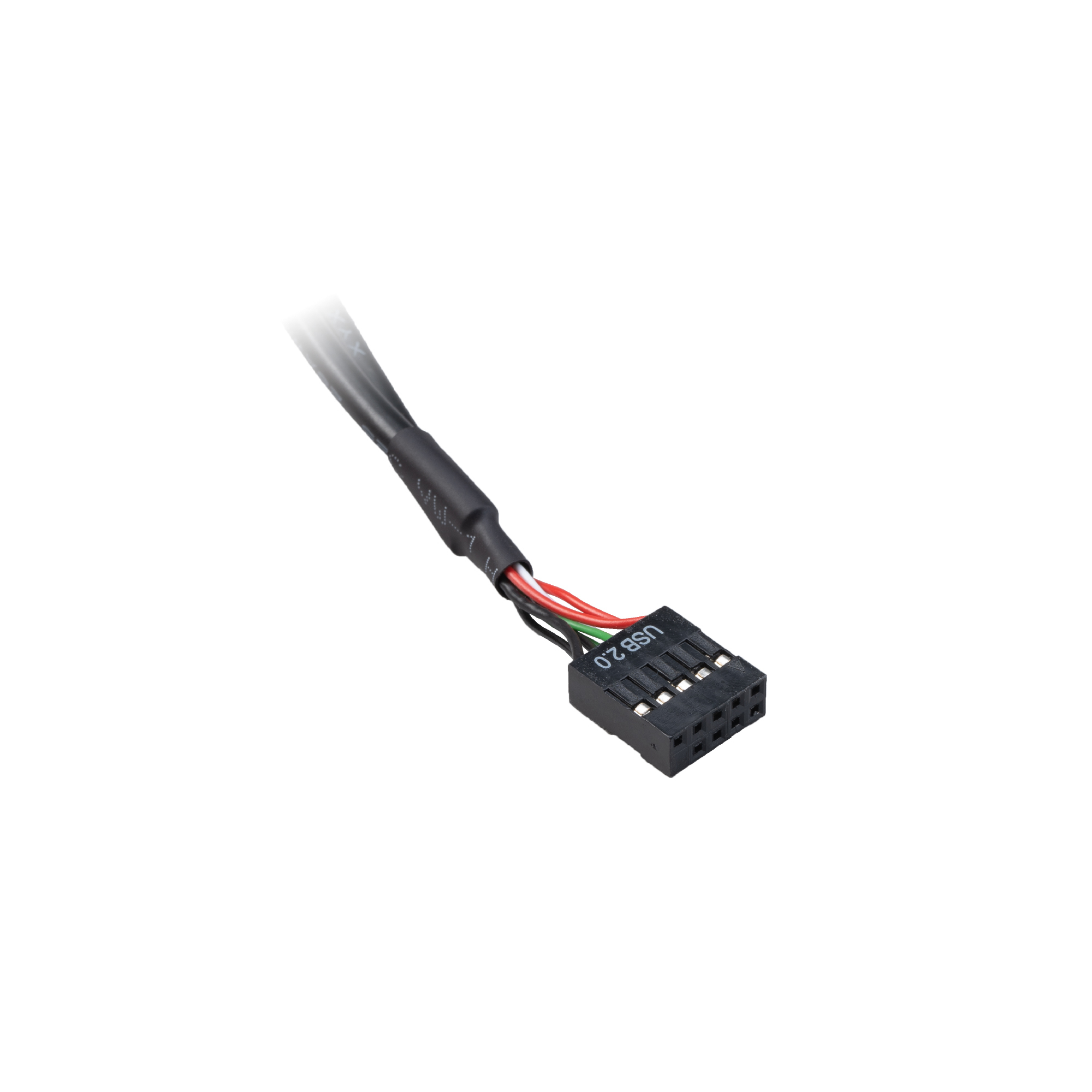 Connettore USB 2.0 nero con fili colorati su sfondo bianco.