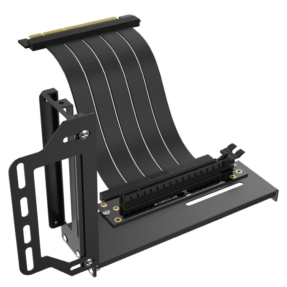 Staffa metallica nera con cavi PCI-e. Supporto GPU verticale, su sfondo bianco.