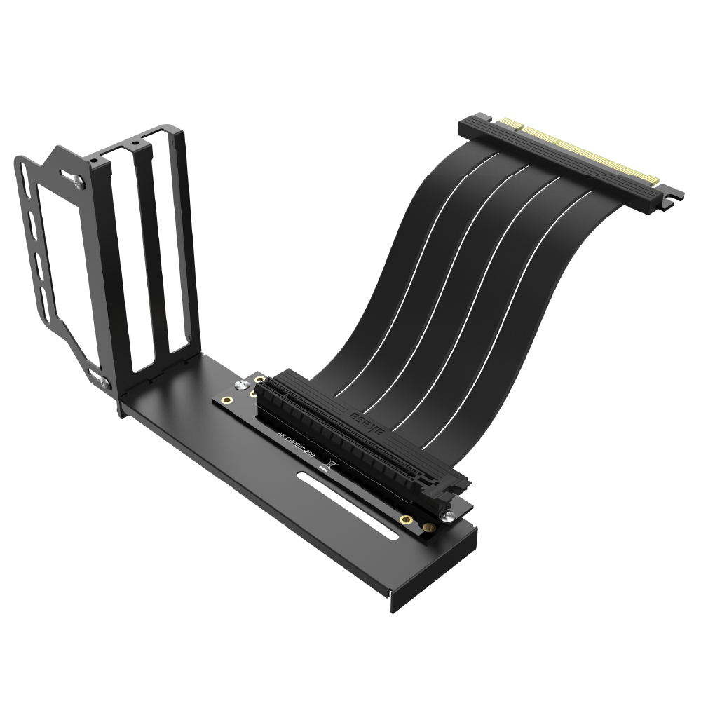 Staffa metallica nera con cavi PCI-e. Supporto GPU verticale, su sfondo bianco.