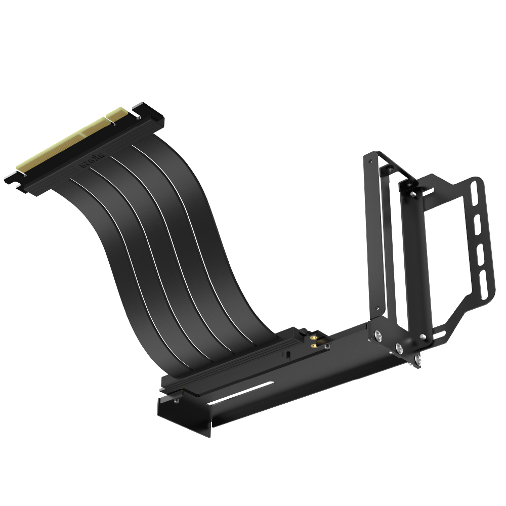 Staffa metallica nera con cavi PCI-e. Supporto GPU verticale, su sfondo bianco.