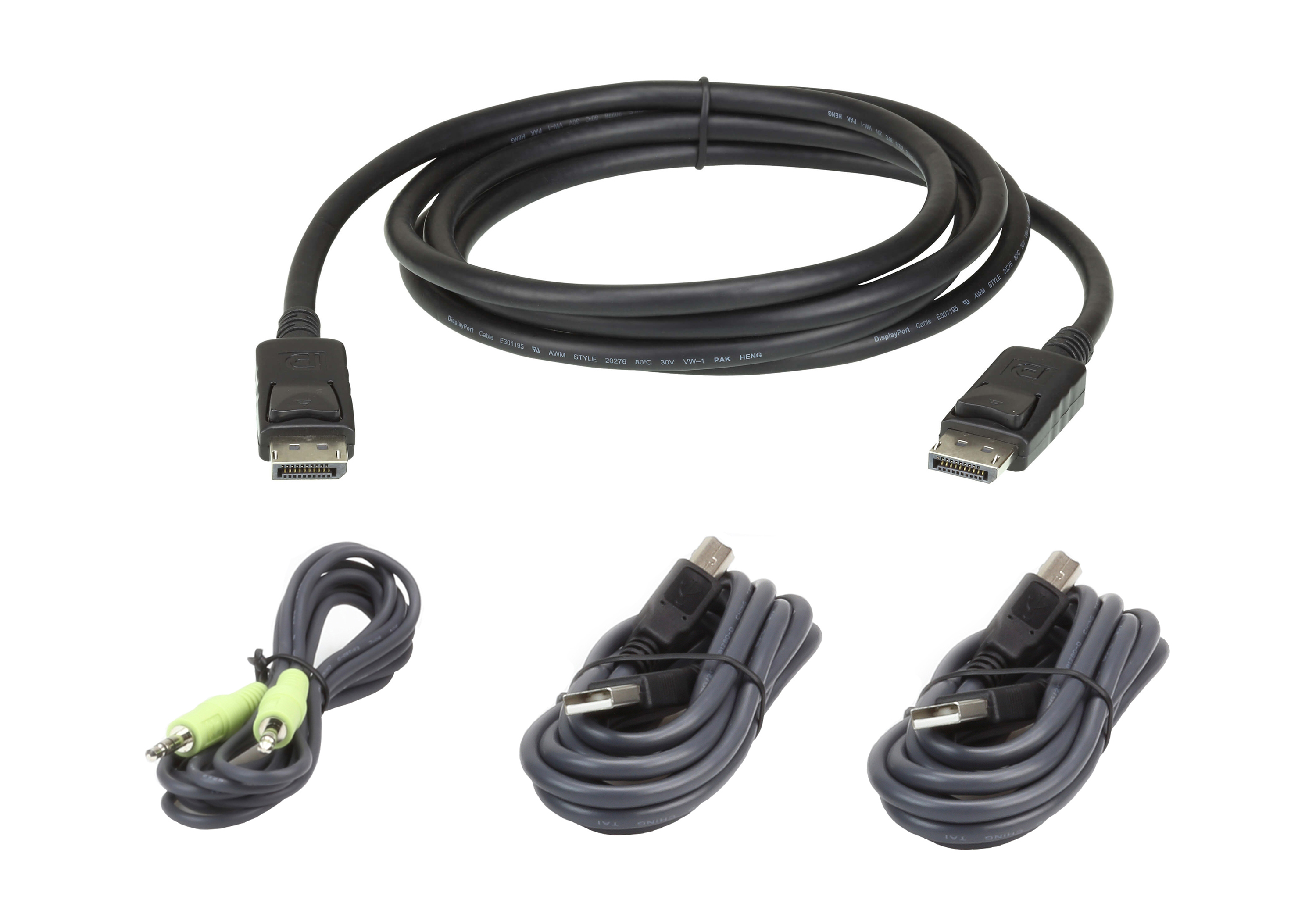 Cavi DisplayPort neri e cavi audio su sfondo bianco.