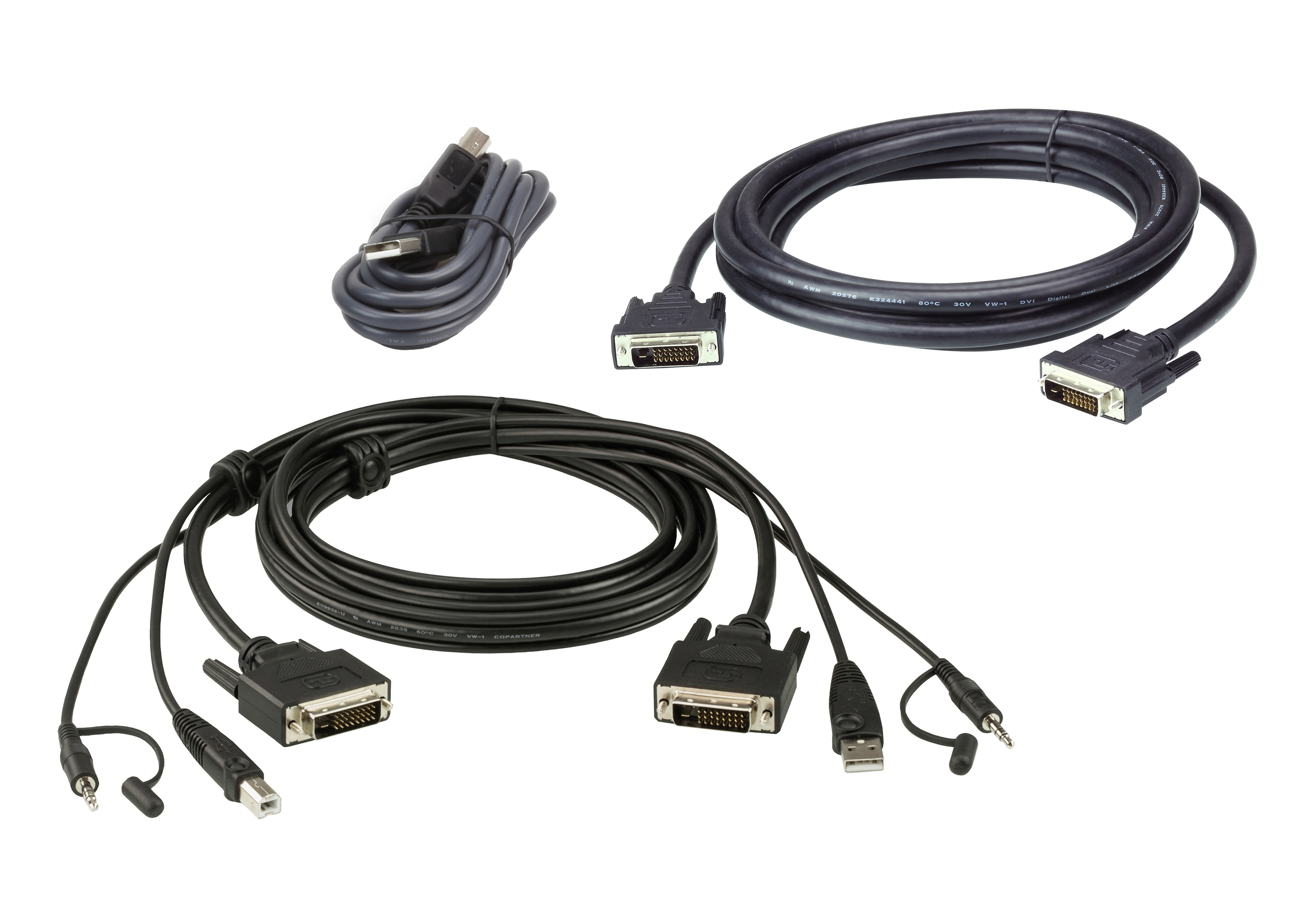 Vari cavi e connettori neri su sfondo bianco. Sono visibili cavi USB e DVI.