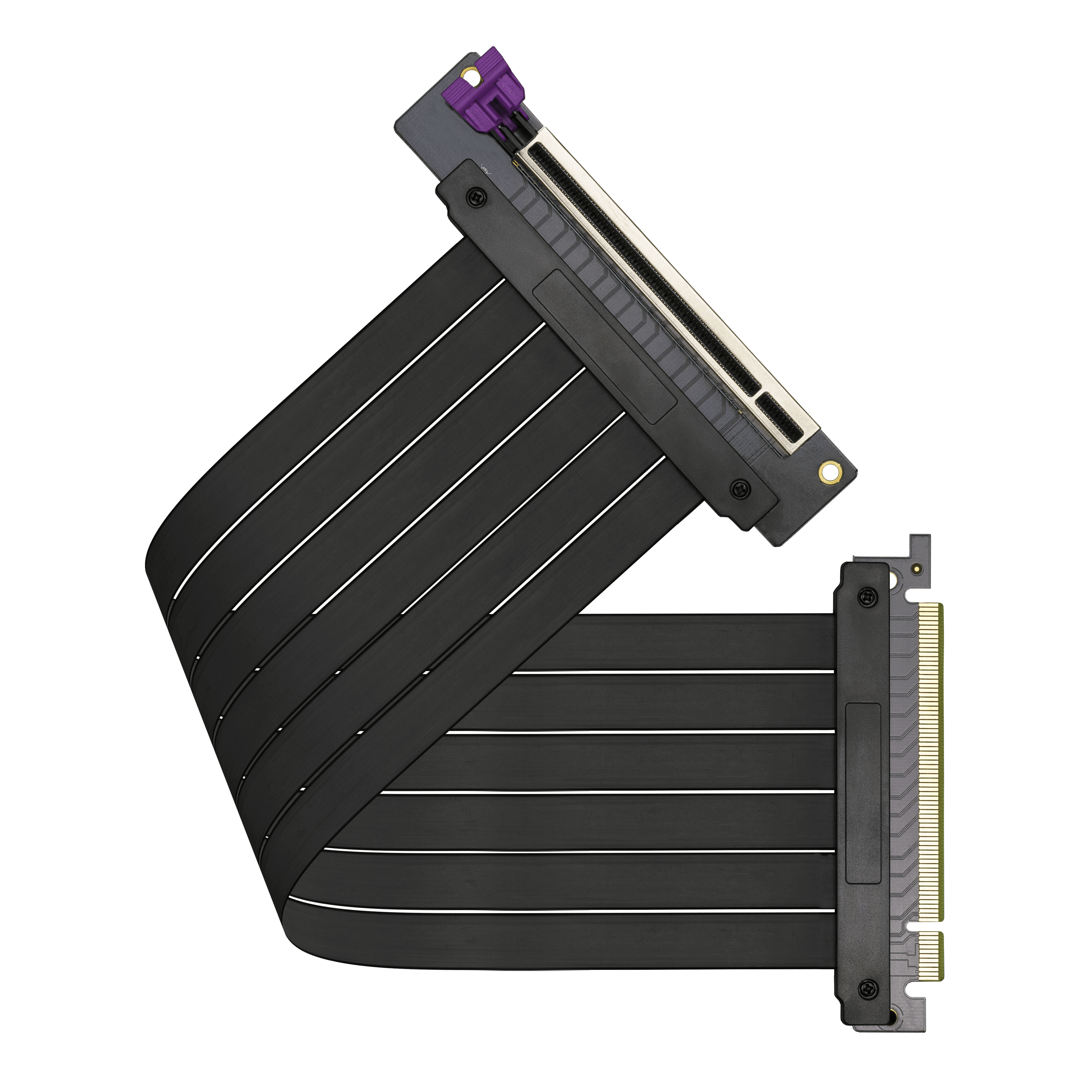 Un cavo per componenti PC bianco e nero su sfondo bianco, con connettore viola in alto a sinistra.