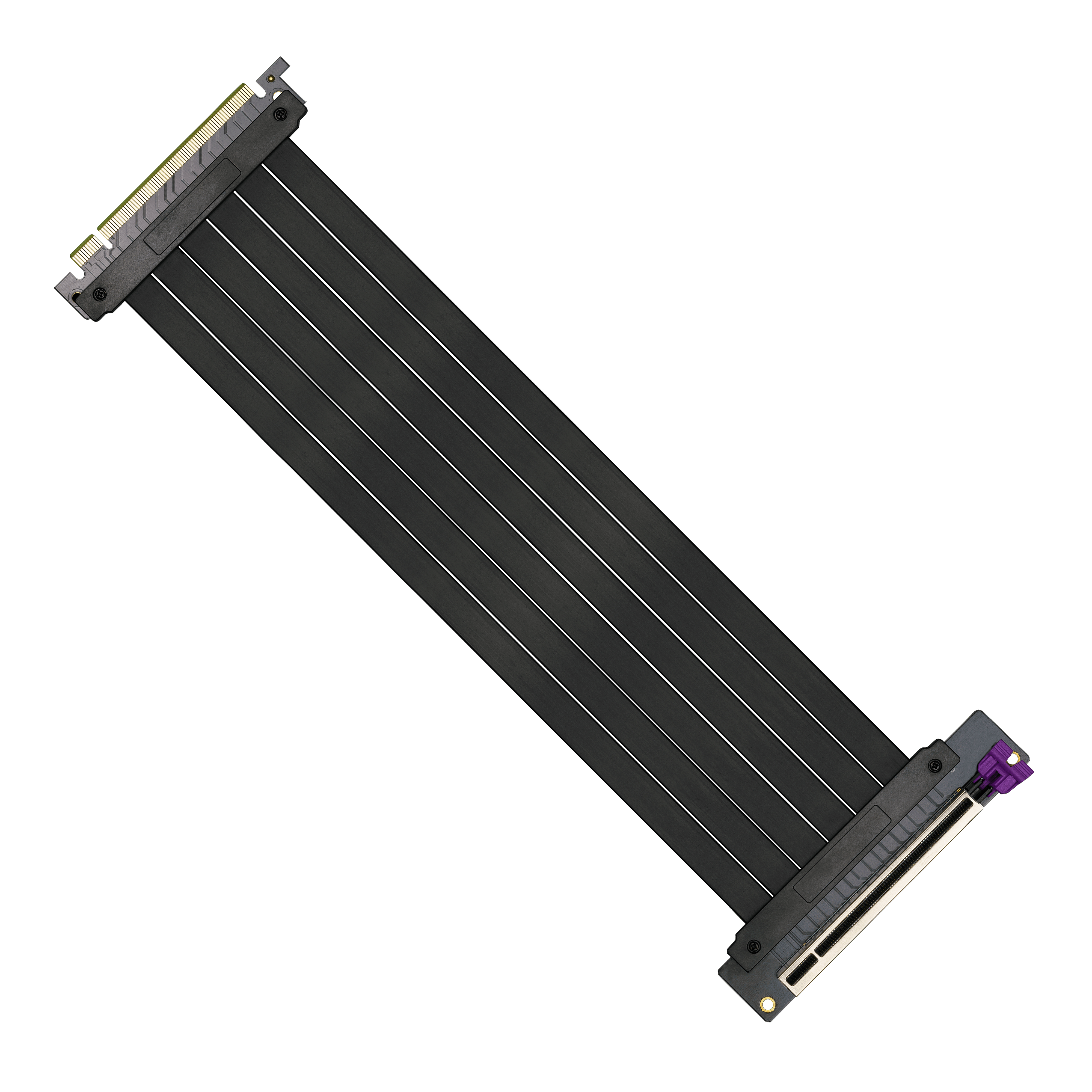Un cavo per componenti PC bianco e nero su sfondo bianco, con connettore viola in basso a destra.