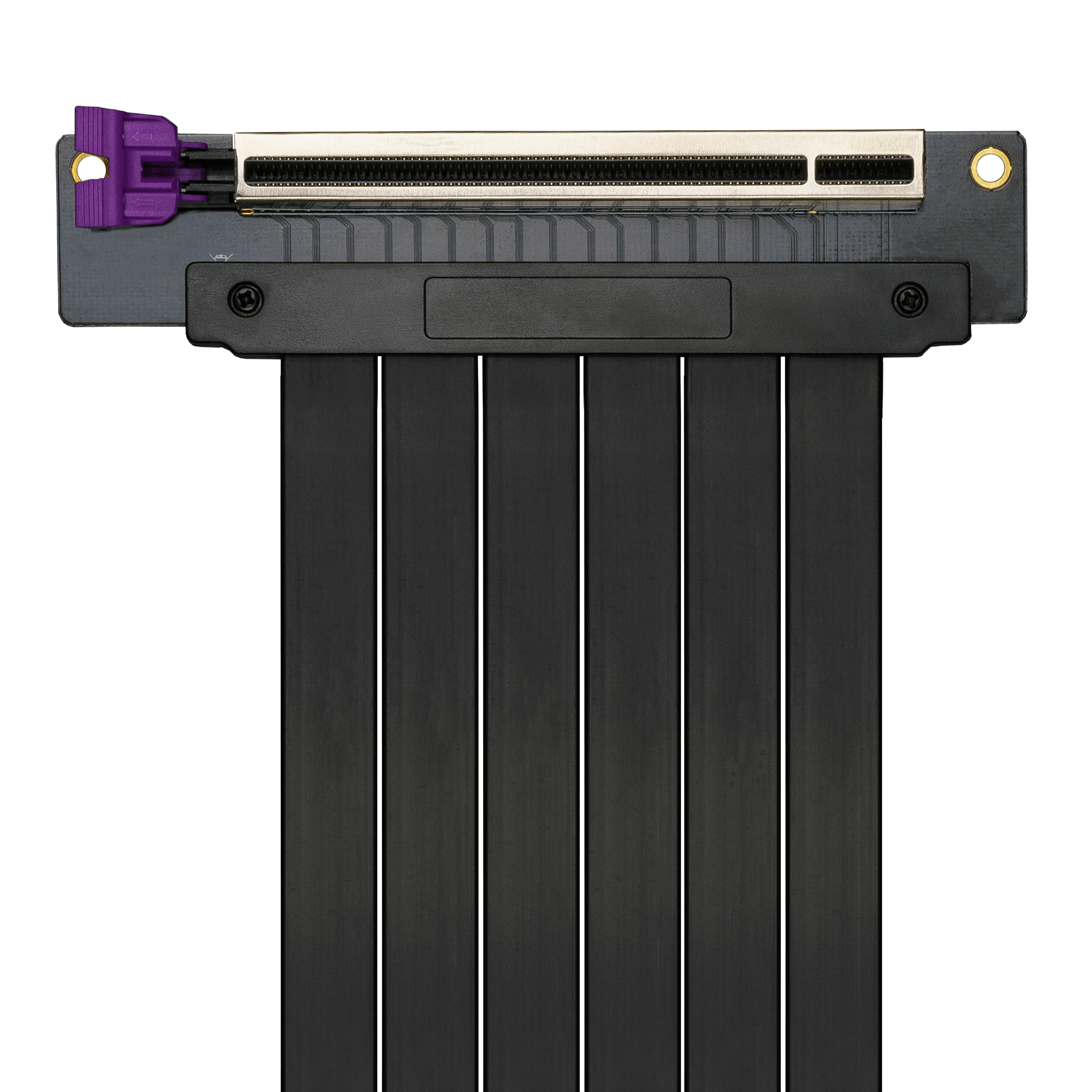 Un cavo per componenti PC nero con connettore viola su sfondo bianco.