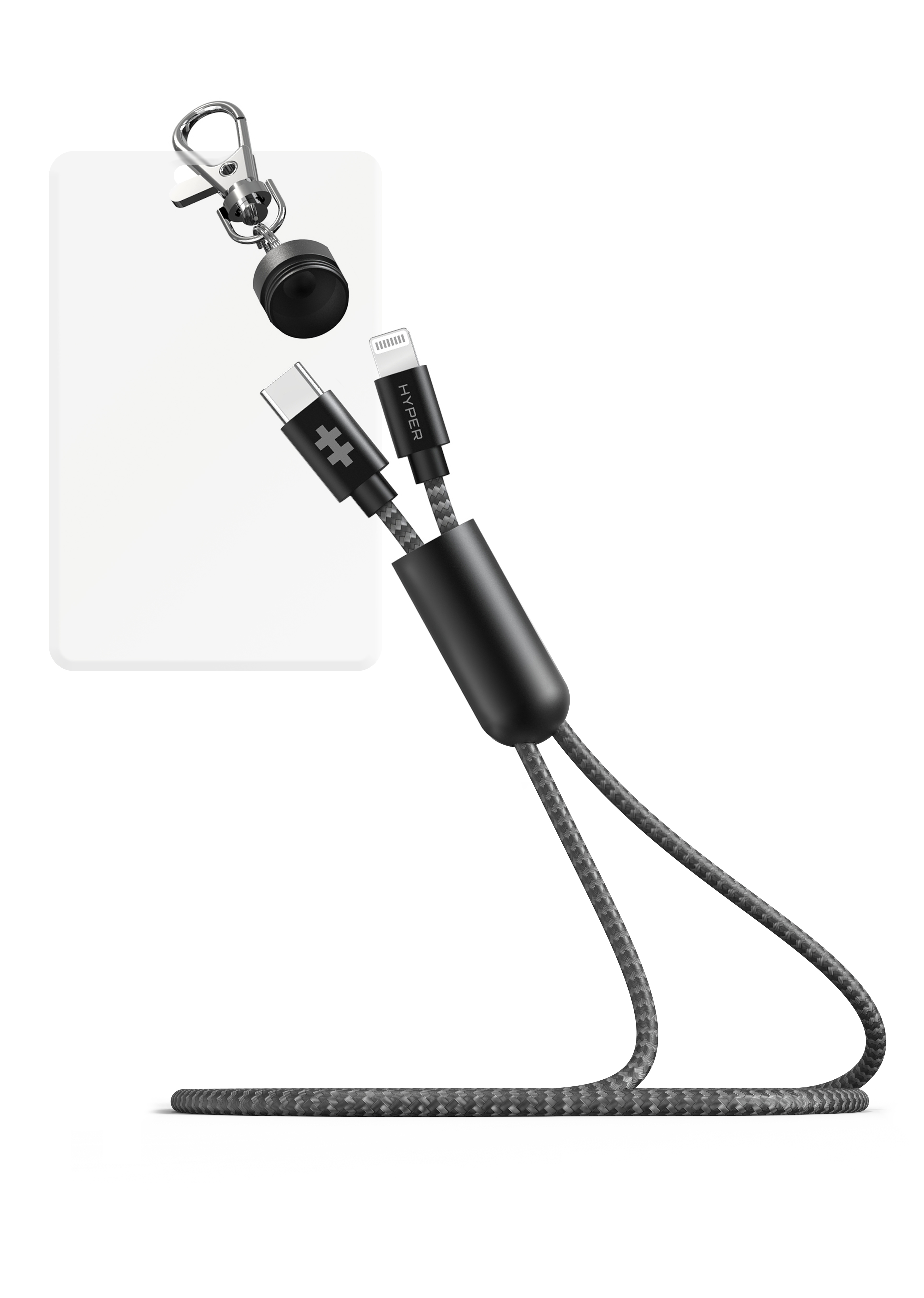 Cavo nero e grigio con connettore USB-C e Lightning, collegato a una scheda bianca e un cordino.
