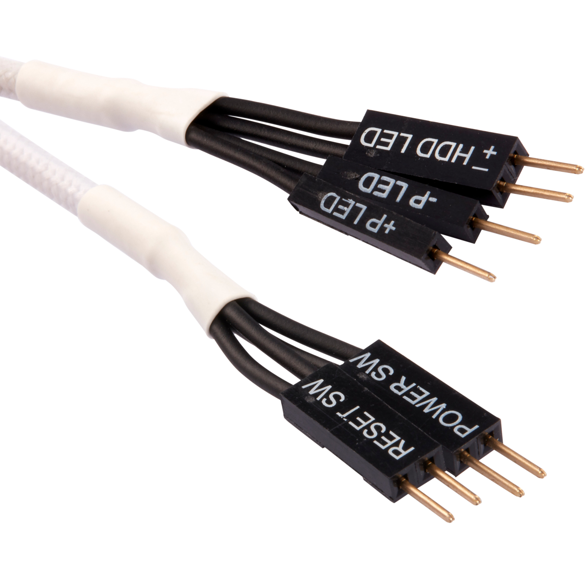 Czarne złącza z etykietami, białe przewody. Etykiety: +HDD LED, -P LED i POWER SW.