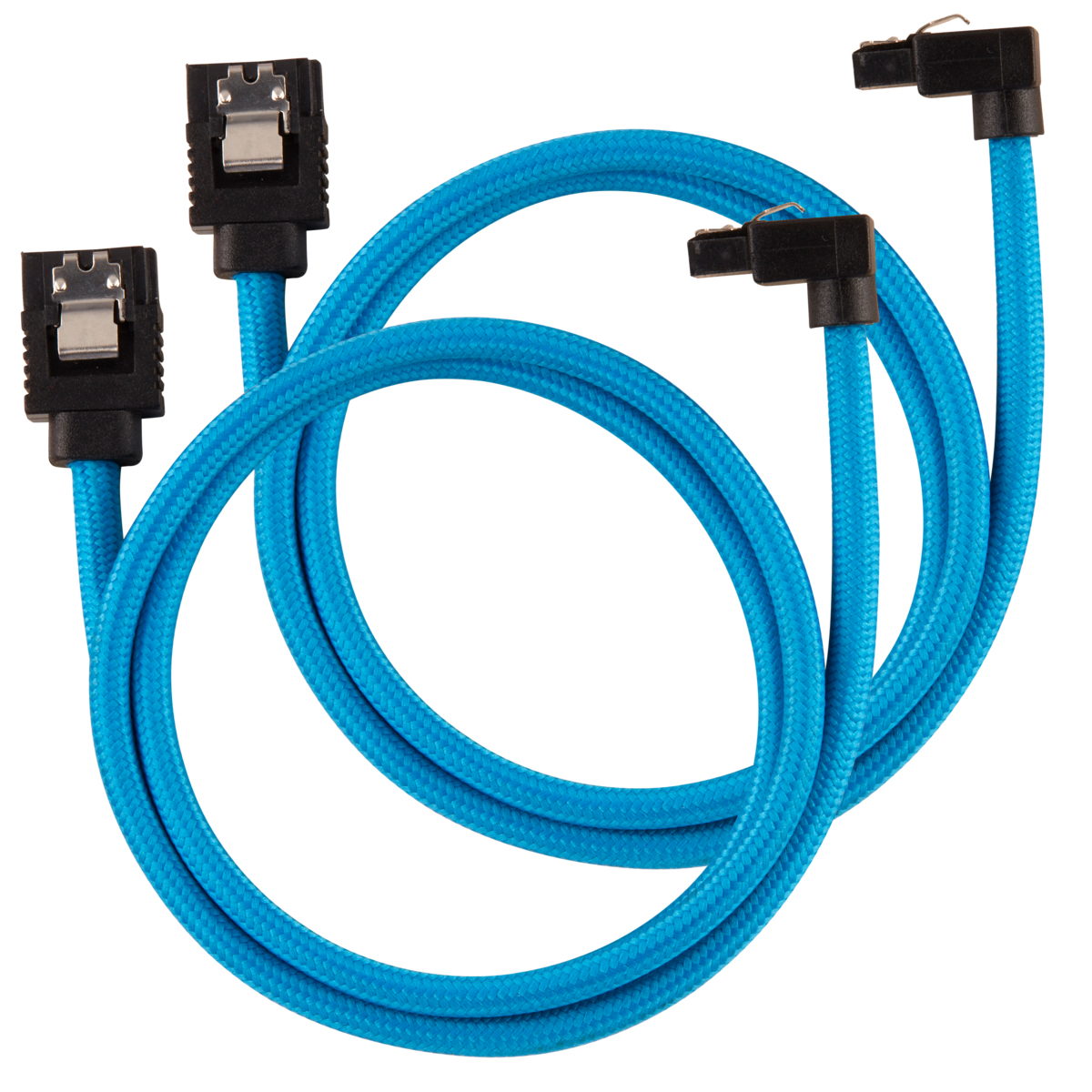 Tre cavi SATA blu con connettori neri su sfondo bianco.
