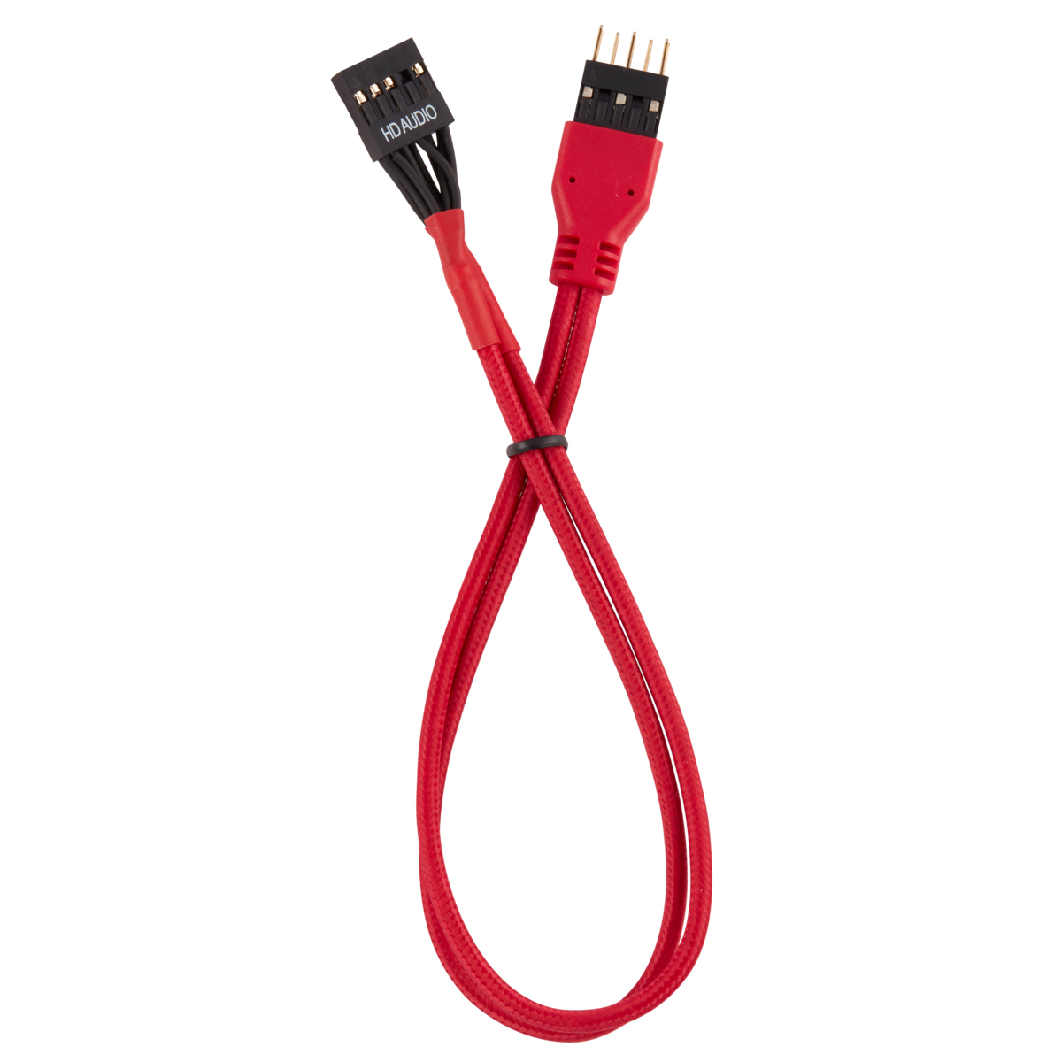 Cavo rosso con connettori, nero e rosso. Estremità di diverse dimensioni, piccole e grandi, su sfondo bianco.