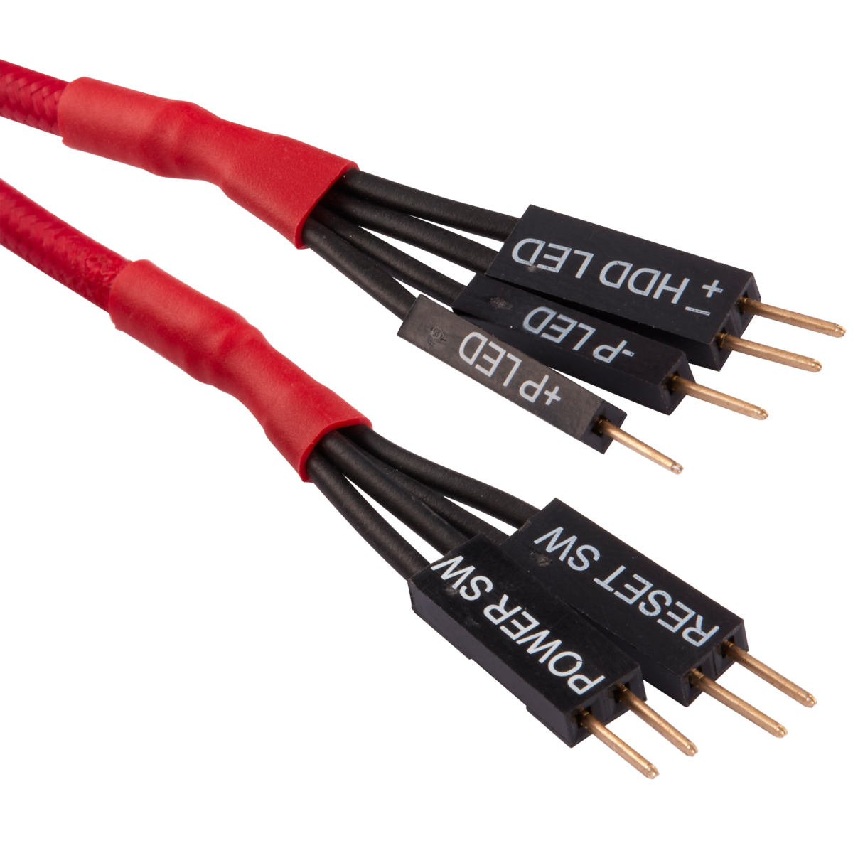 Vista ravvicinata di due cavi rossi con connettori neri. Etichette: '+HDD LED' e 'RESET SW'.