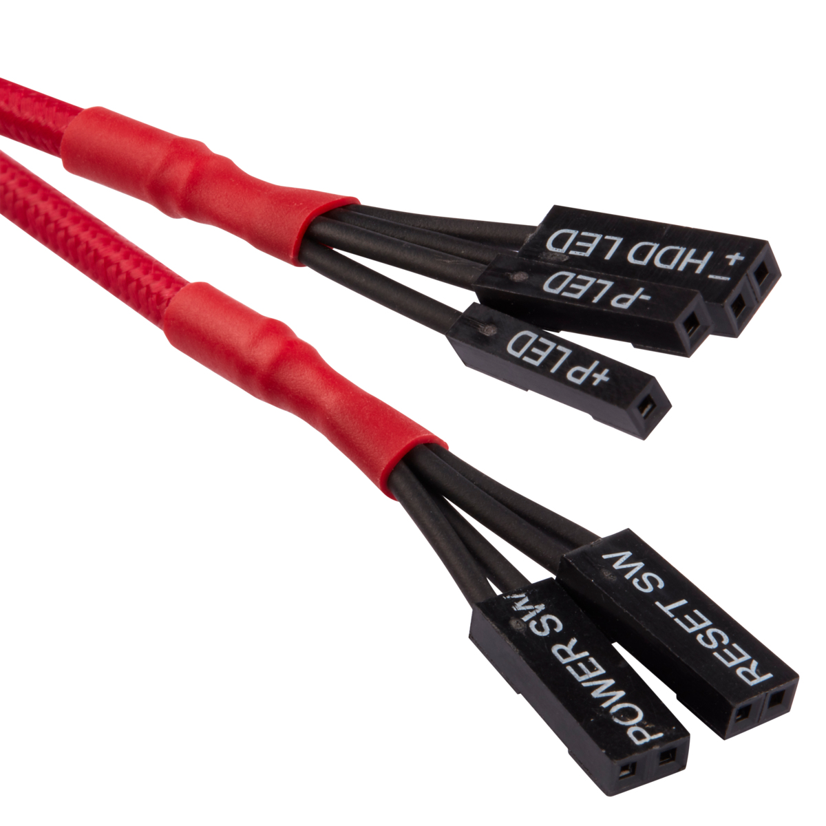Due cavi rossi con connettori neri. Etichette: '+HDD LED', '-P LED', '+P LED' e 'RESET SW' su bianco.