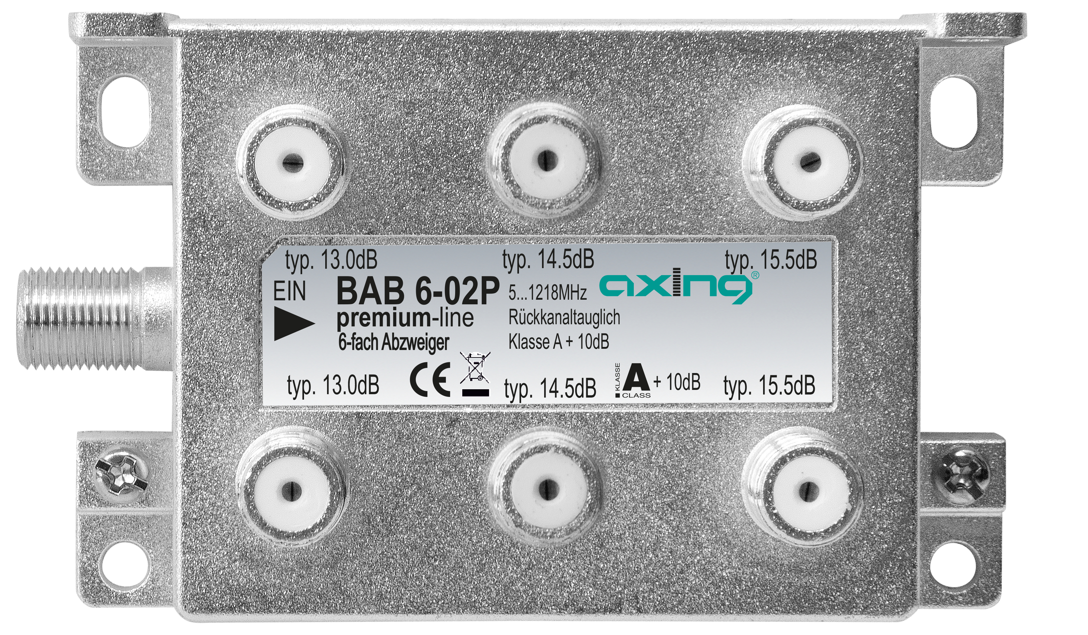 Uno splitter argentato metallico a 6 vie con più porte ed etichetta su bianco.
