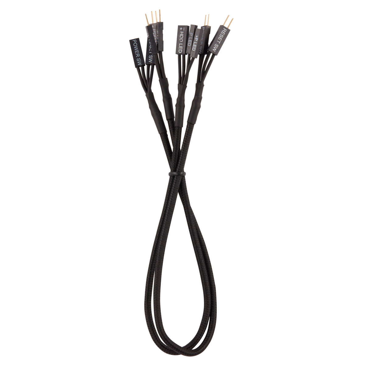 Fascio di cavi neri con connettori etichettati: Power SW, HDD LED, + LED e Reset SW.