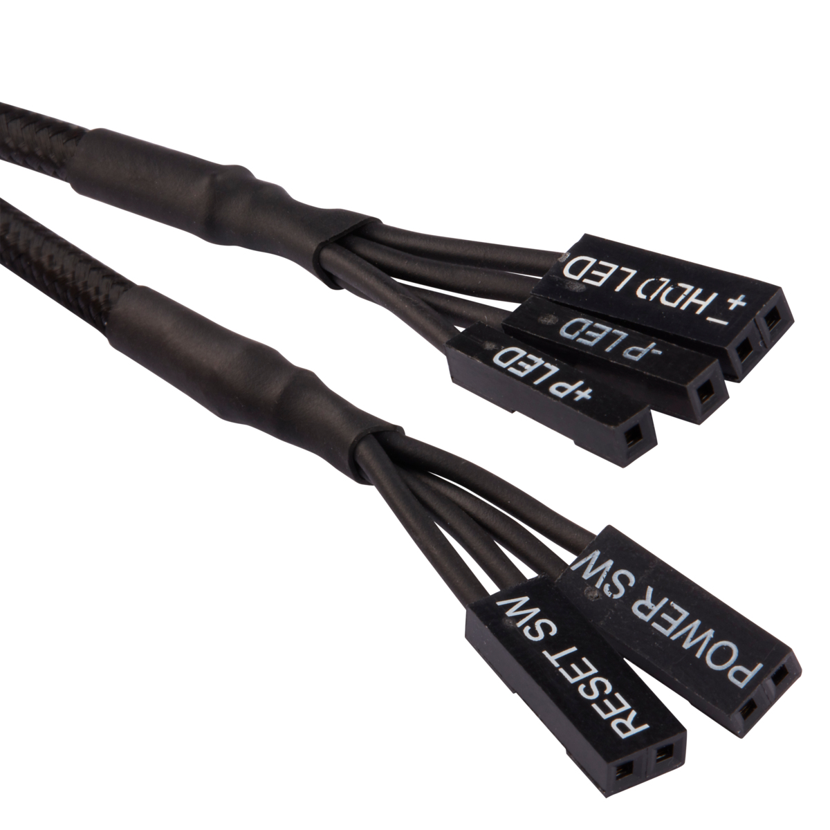Primo piano di cavi neri con connettori: Reset SW, Power SW, + LED e HDD LED.