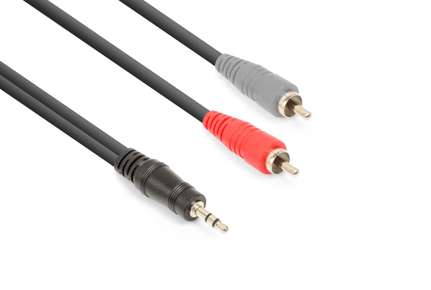 Tres cables de audio: uno negro con jack de 3,5 mm y dos cables RCA, rojo y gris.