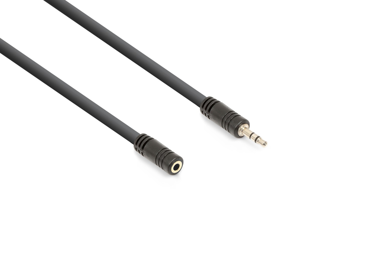 Cable de audio negro con conector jack 3.5mm y conector hembra, sobre blanco.