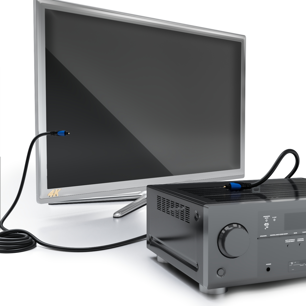 Fernseher und AV-Receiver mit optischem Kabel verbunden, auf weißem Hintergrund.