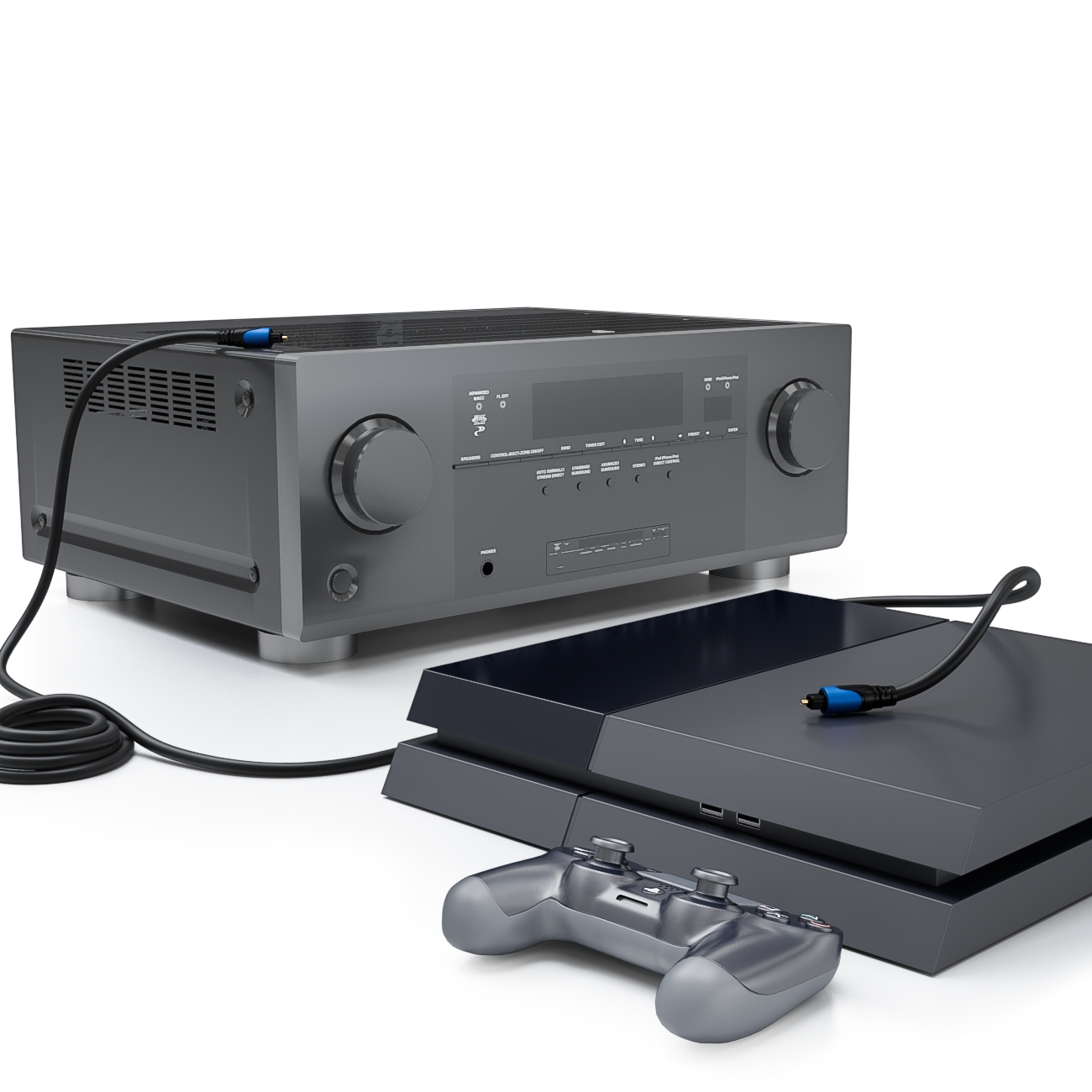AV-Receiver, Spielkonsole und Controller mit optischem Kabel verbunden, weißer HG.