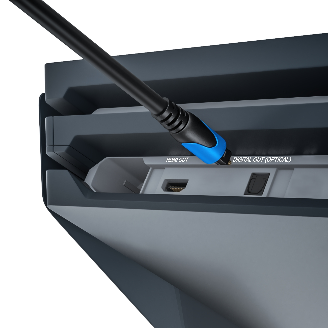 Schwarzes HDMI-Kabel in ein dunkelgraues Gerät gesteckt, beschriftet mit HDMI OUT.