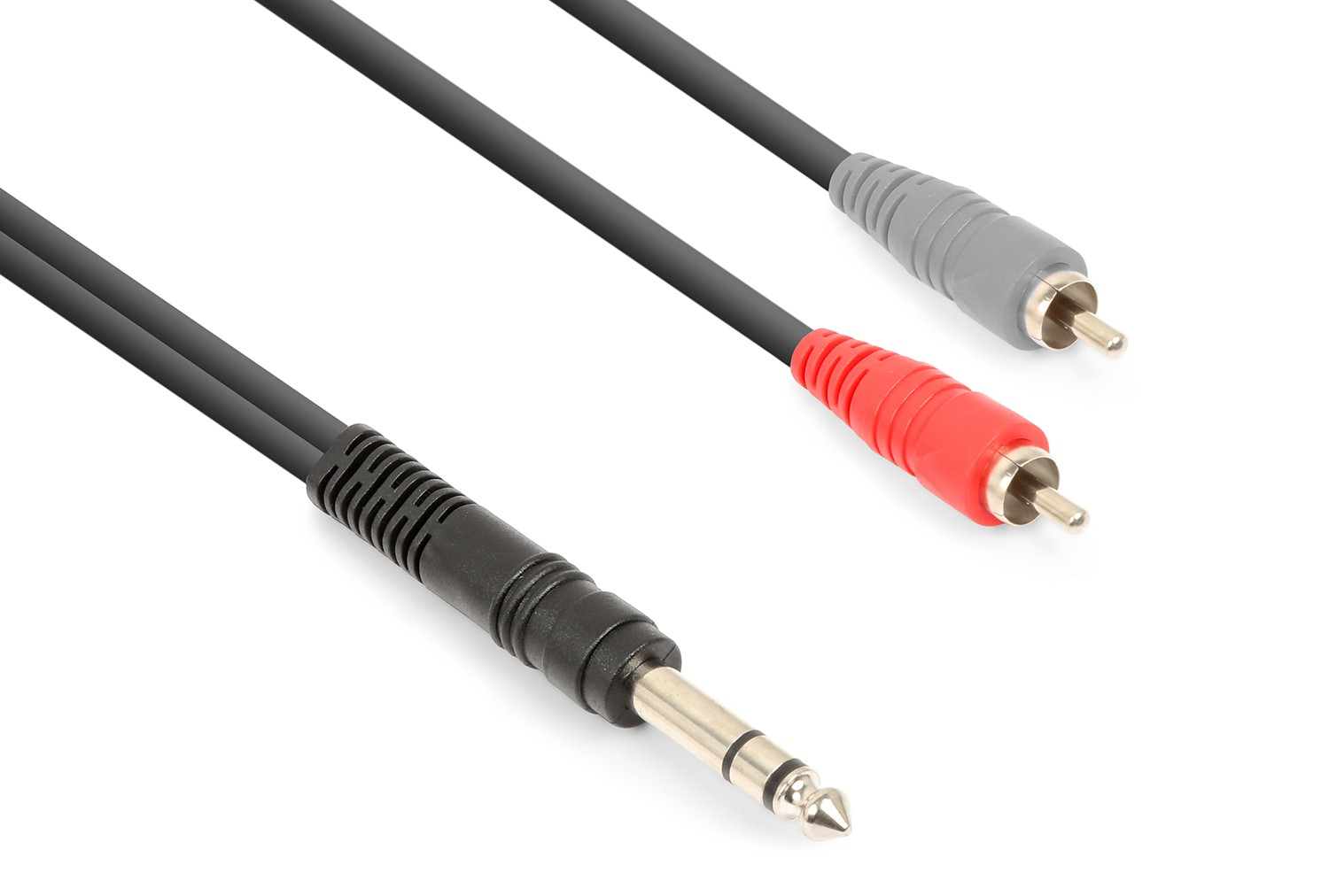Tres cables de audio: cable negro con jack de 6,35 mm y dos cables RCA.