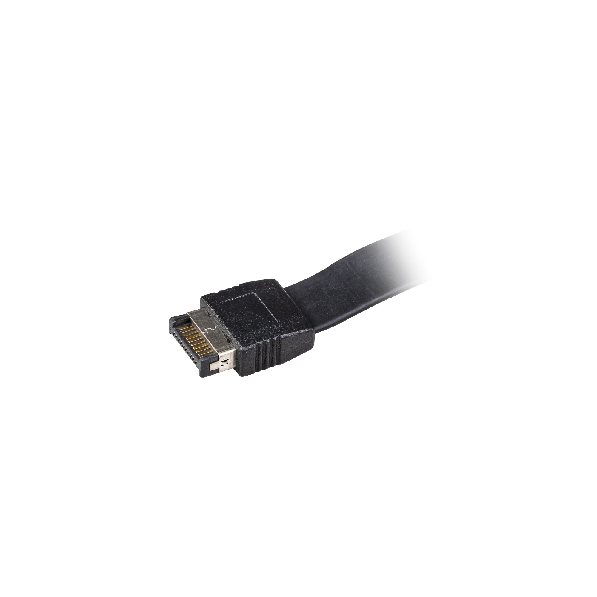 Cavo SATA nero con connettore. Lo sfondo è bianco.