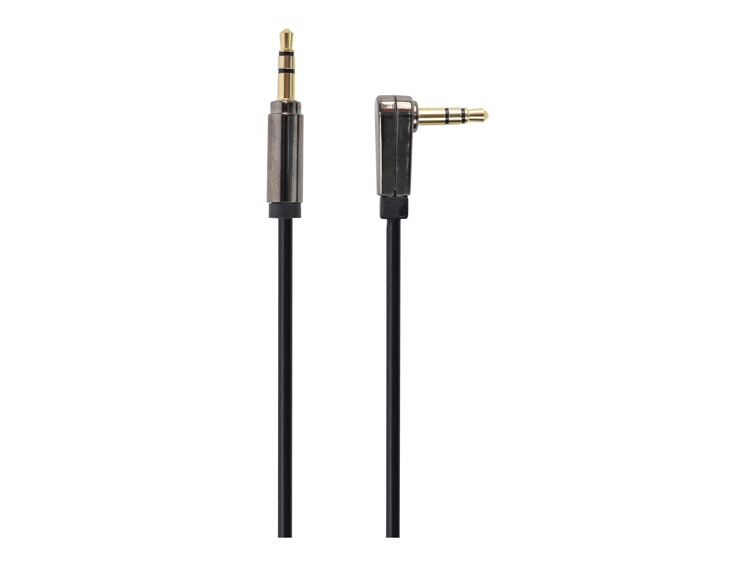 Deux câbles audio noirs avec connecteurs 3,5 mm. L'un est coudé.