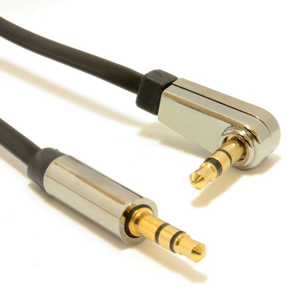 Deux câbles audio noirs avec connecteurs 3,5 mm, design coudé.