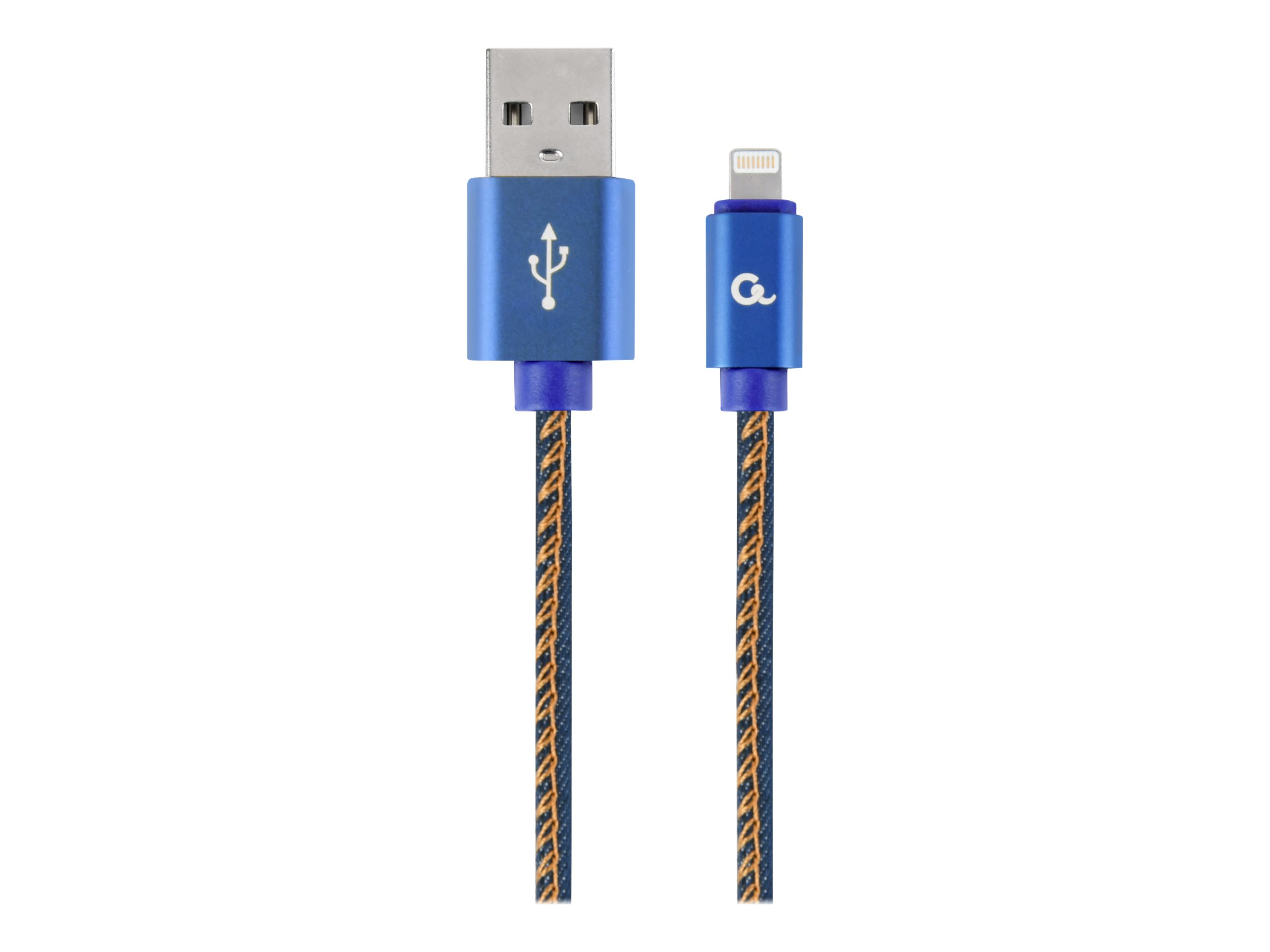 Cavo USB a Lightning con motivo blu e arancione.