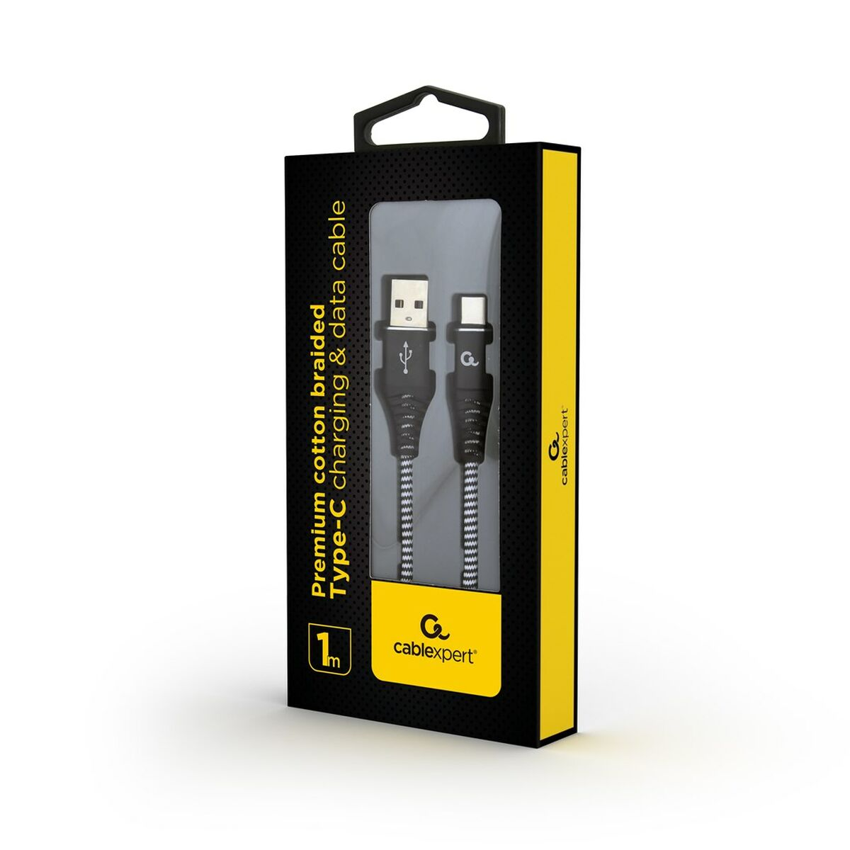 Un cavo di ricarica USB-C intrecciato bianco e nero in una scatola Cablexpert.
