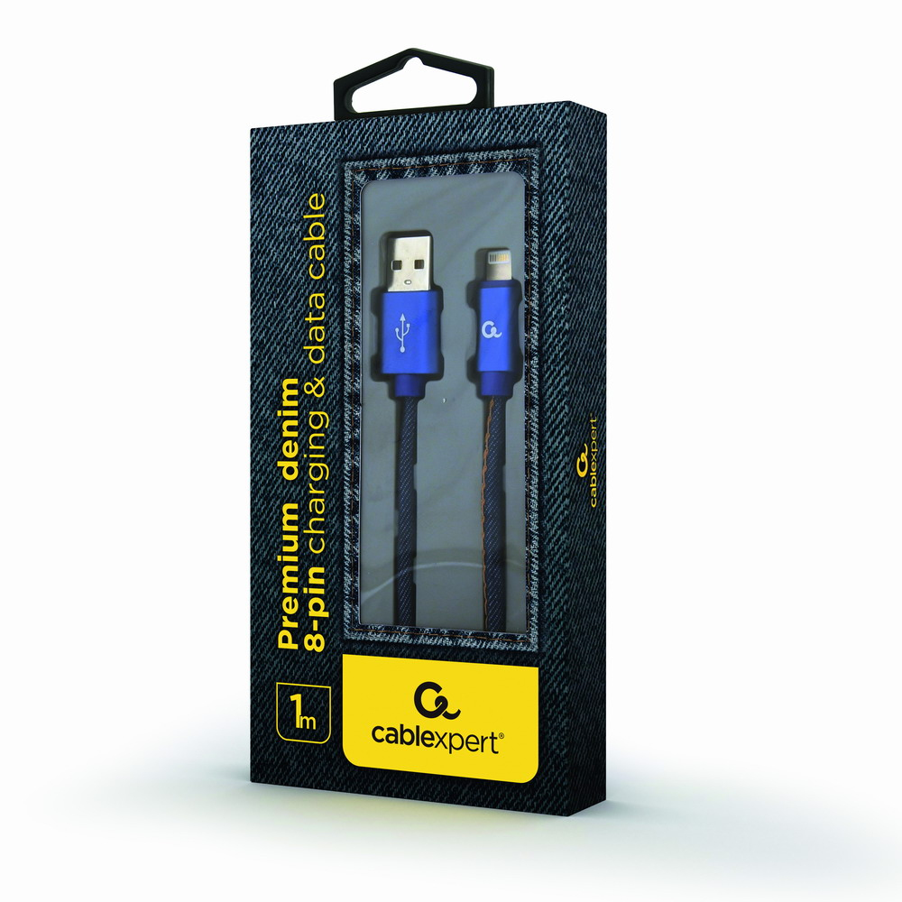 Una scatola con un cavo USB a Lightning blu e nero.