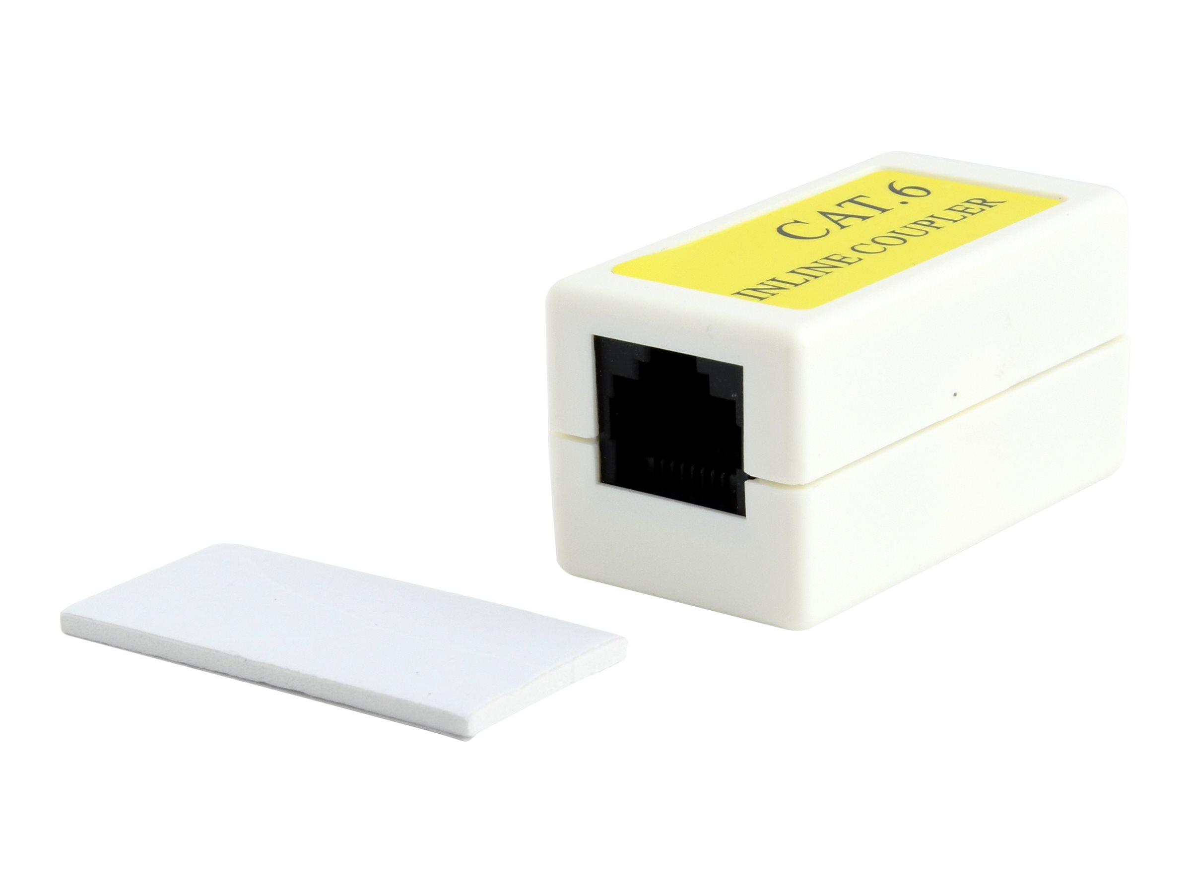 Accoppiatore in linea CAT 6 bianco con connettore nero e coperchio bianco staccato.