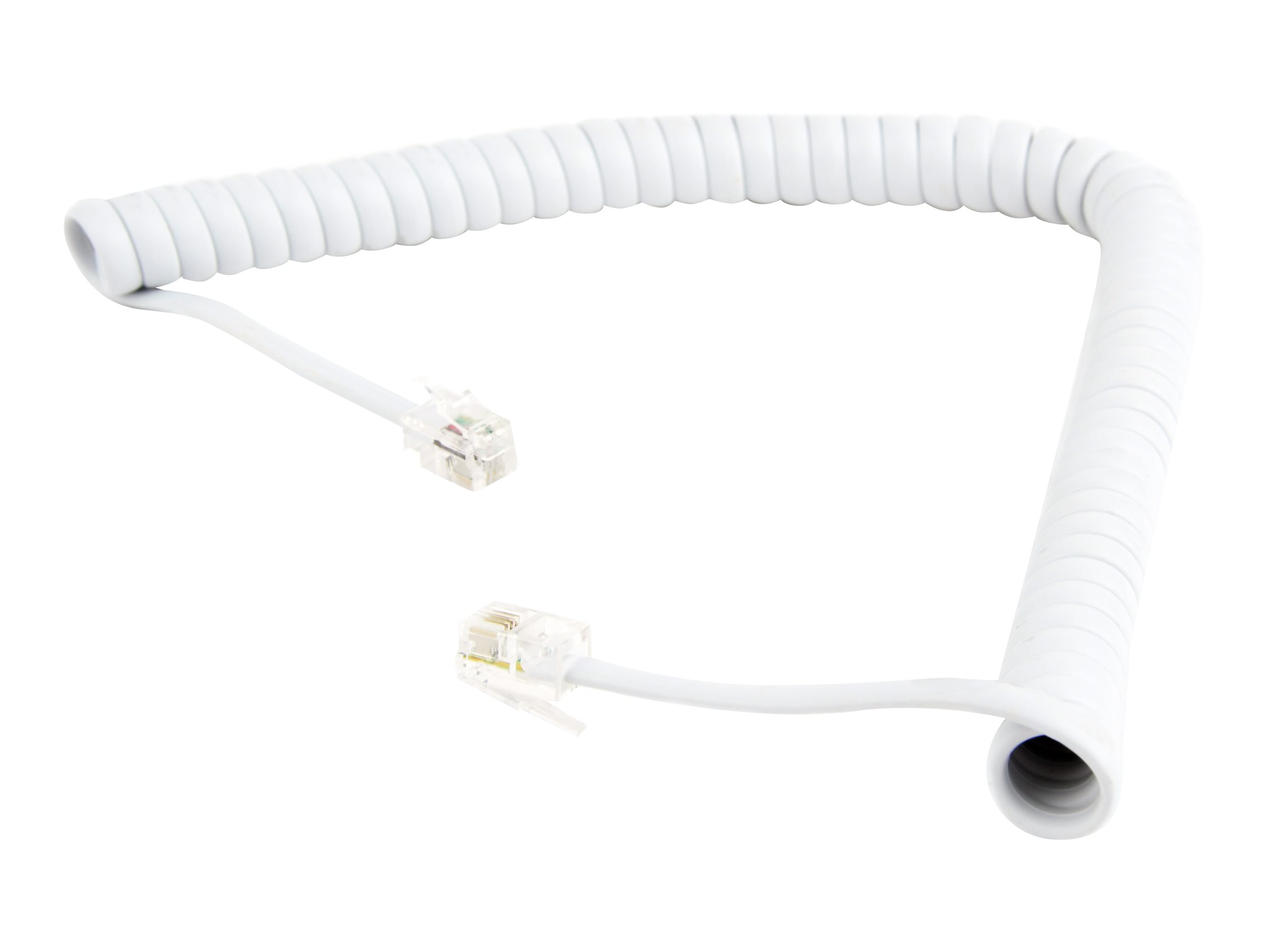 Cavo telefonico bianco a spirale con due connettori trasparenti su sfondo bianco.