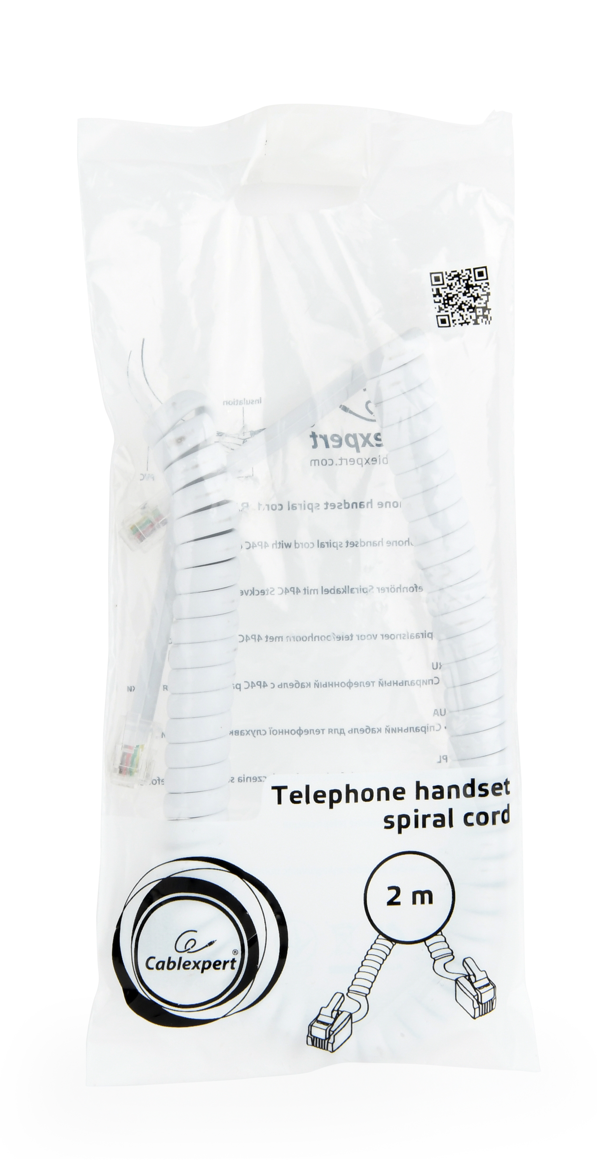 Cavo a spirale per cornetta telefonica Cablexpert bianco in sacchetto di plastica trasparente.