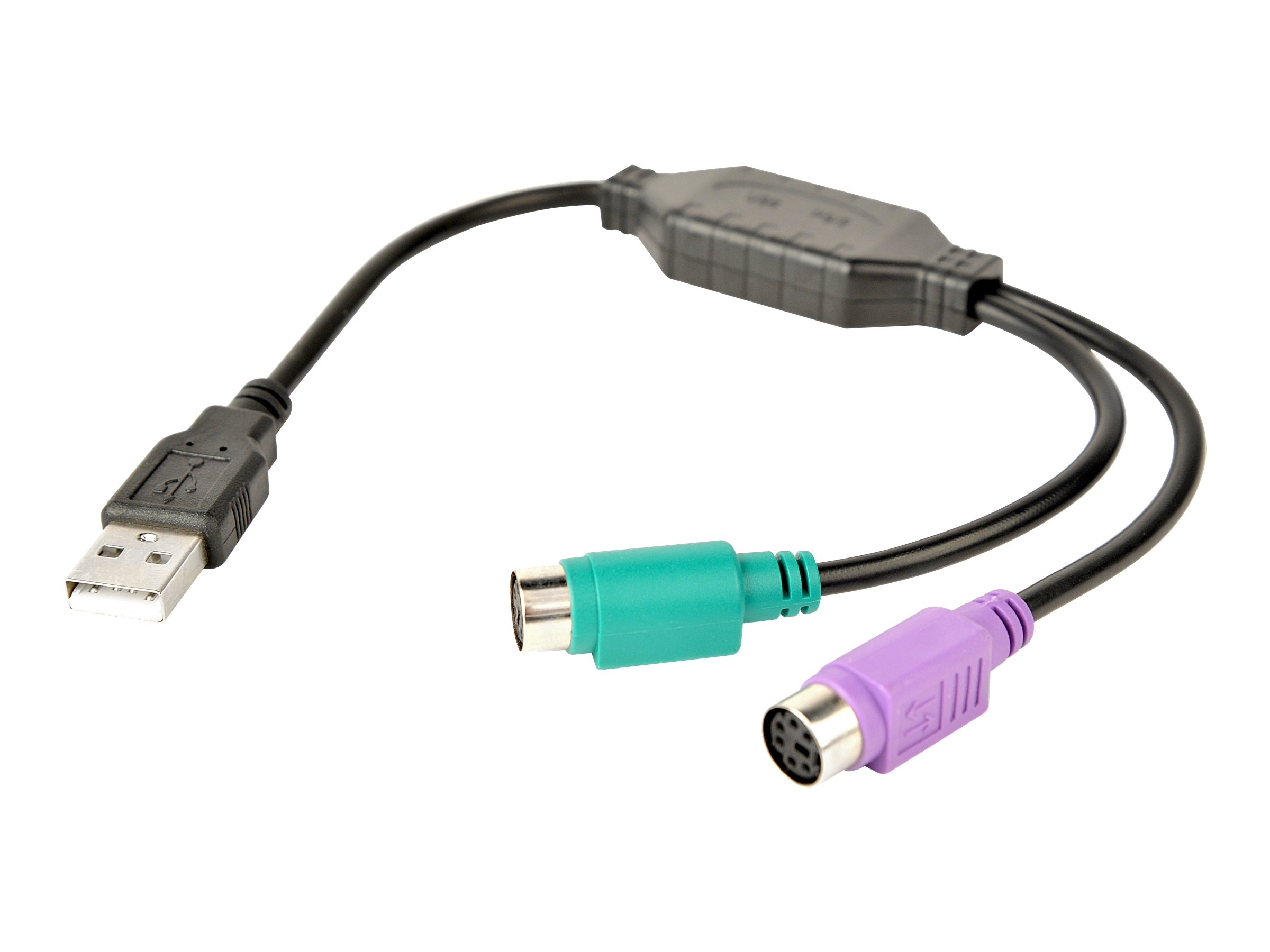 Adattatore da USB a PS/2 con un connettore PS/2 verde e uno viola.