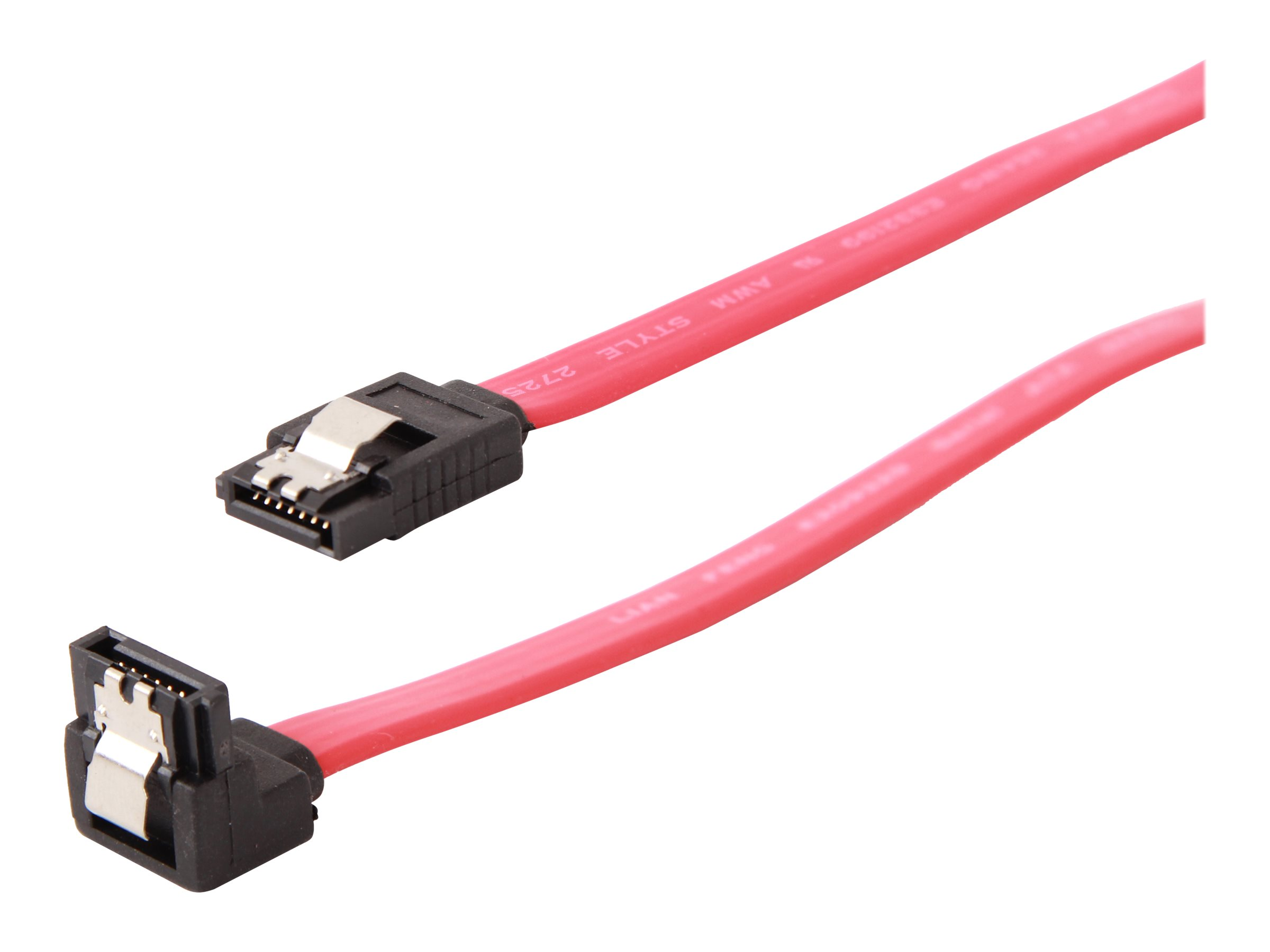 Cavo SATA rosa con connettori neri. Sfondo bianco.