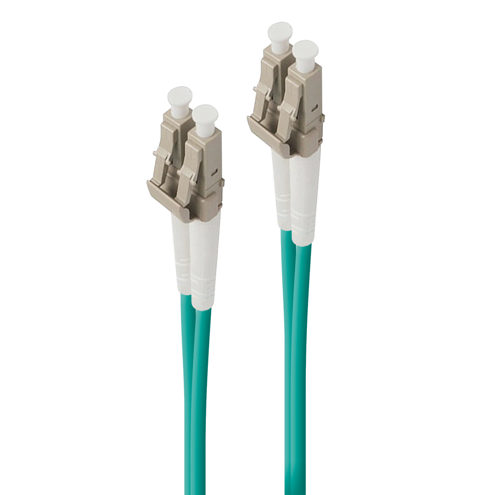 Due cavi in fibra ottica verde acqua con connettori beige e bianchi. I connettori sono affiancati.