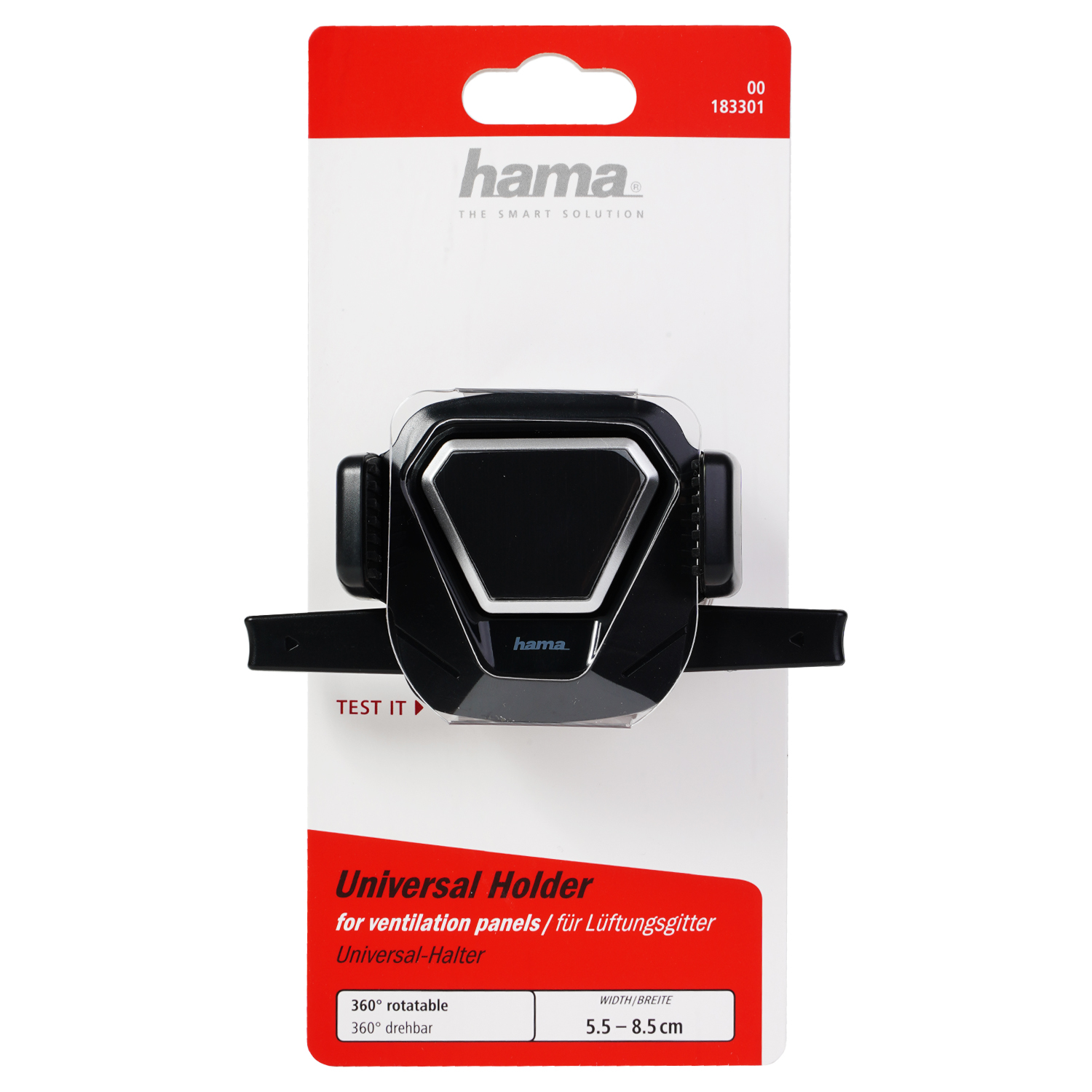 Czarny uchwyt samochodowy na telefon na białej karcie z informacjami o produkcie i marką 'hama'.