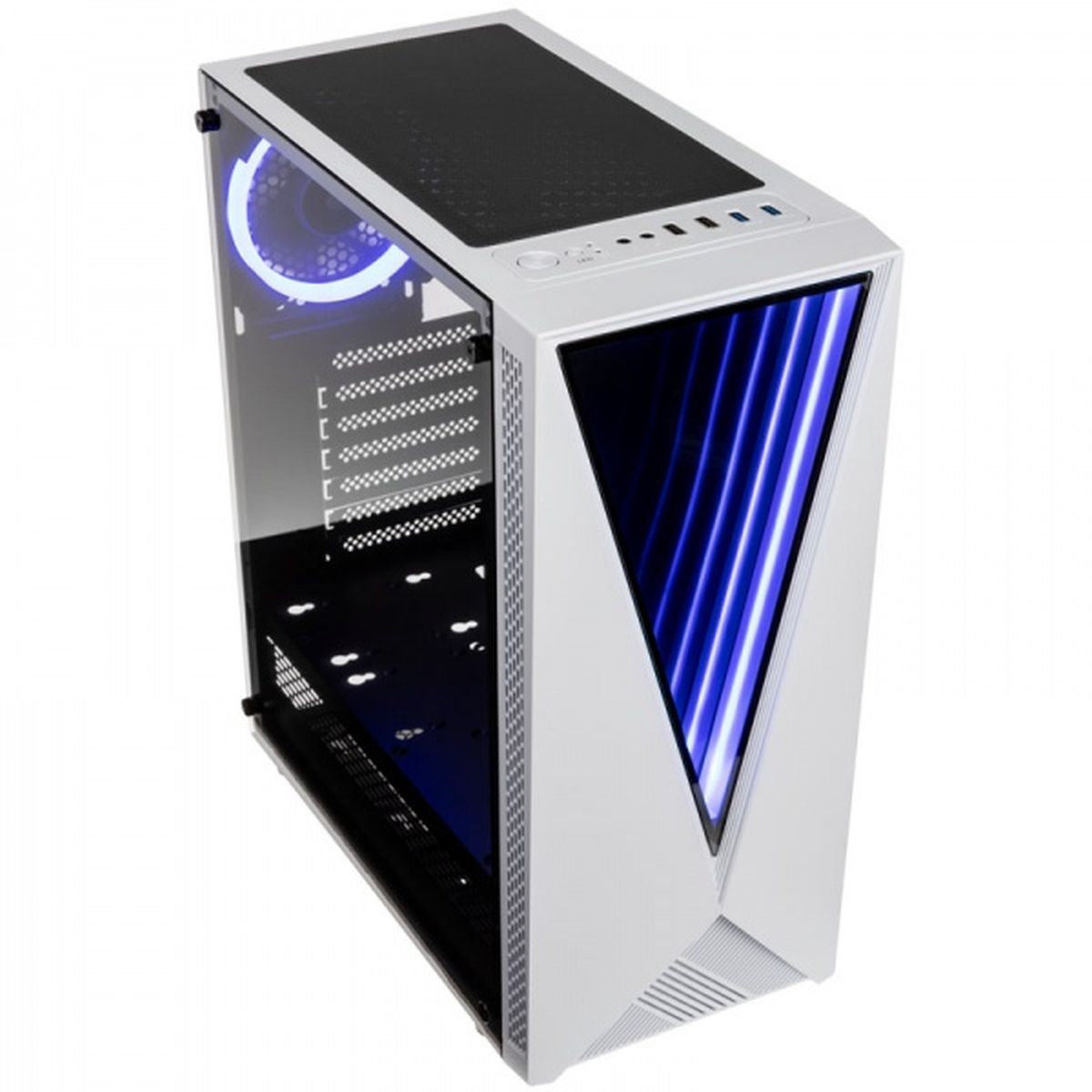 Witte pc-kast met glazen zijkant, blauwe LED en hoekig design.