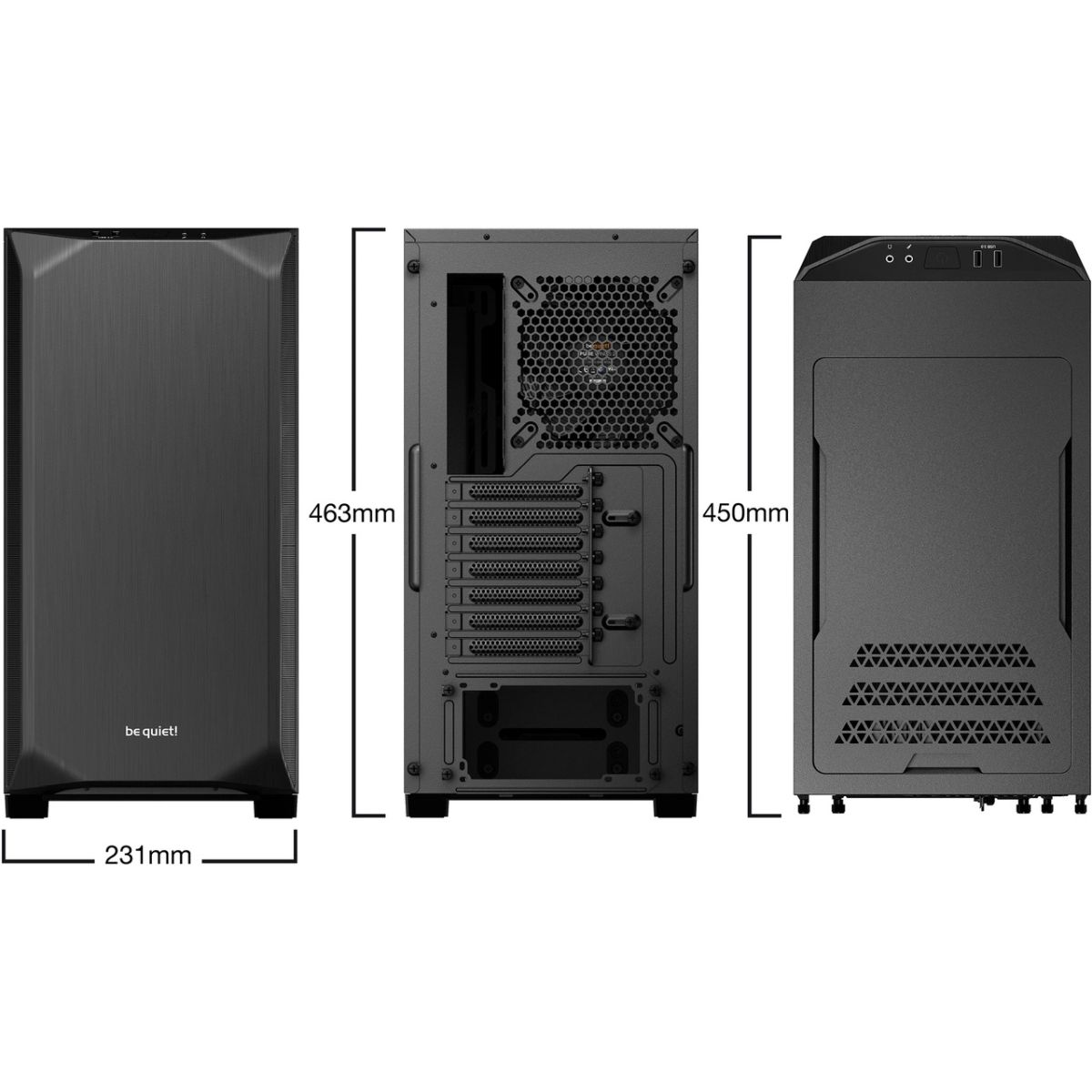 Drie aanzichten van een zwarte computerkast, met afmetingen, voor-, zij- en achterkant.