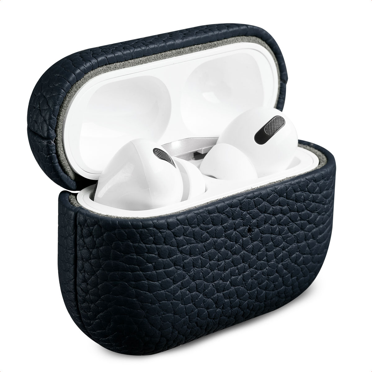 AirPods Pro in a dark blue leather case, open and showing the earbuds.