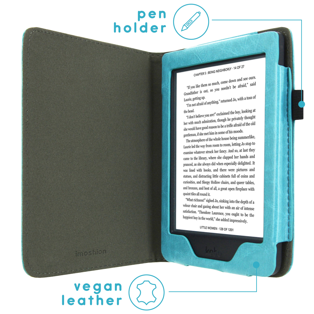 Liseuse dans un étui bleu, avec du texte sur l'écran et un porte-stylo.