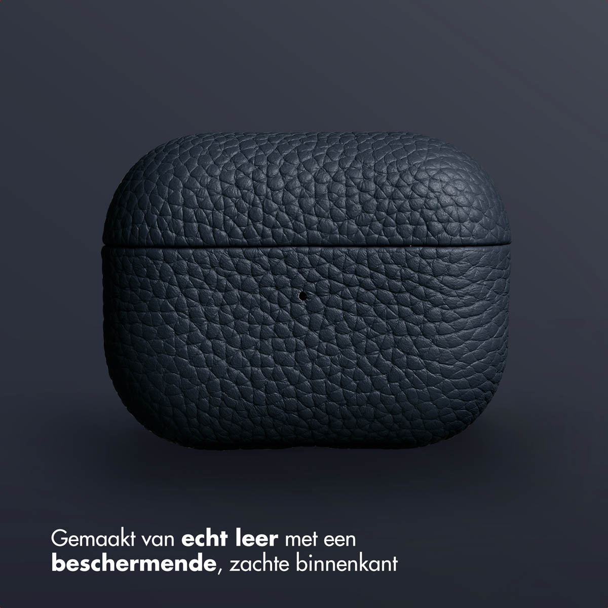 Black leather AirPods case on a dark background.
